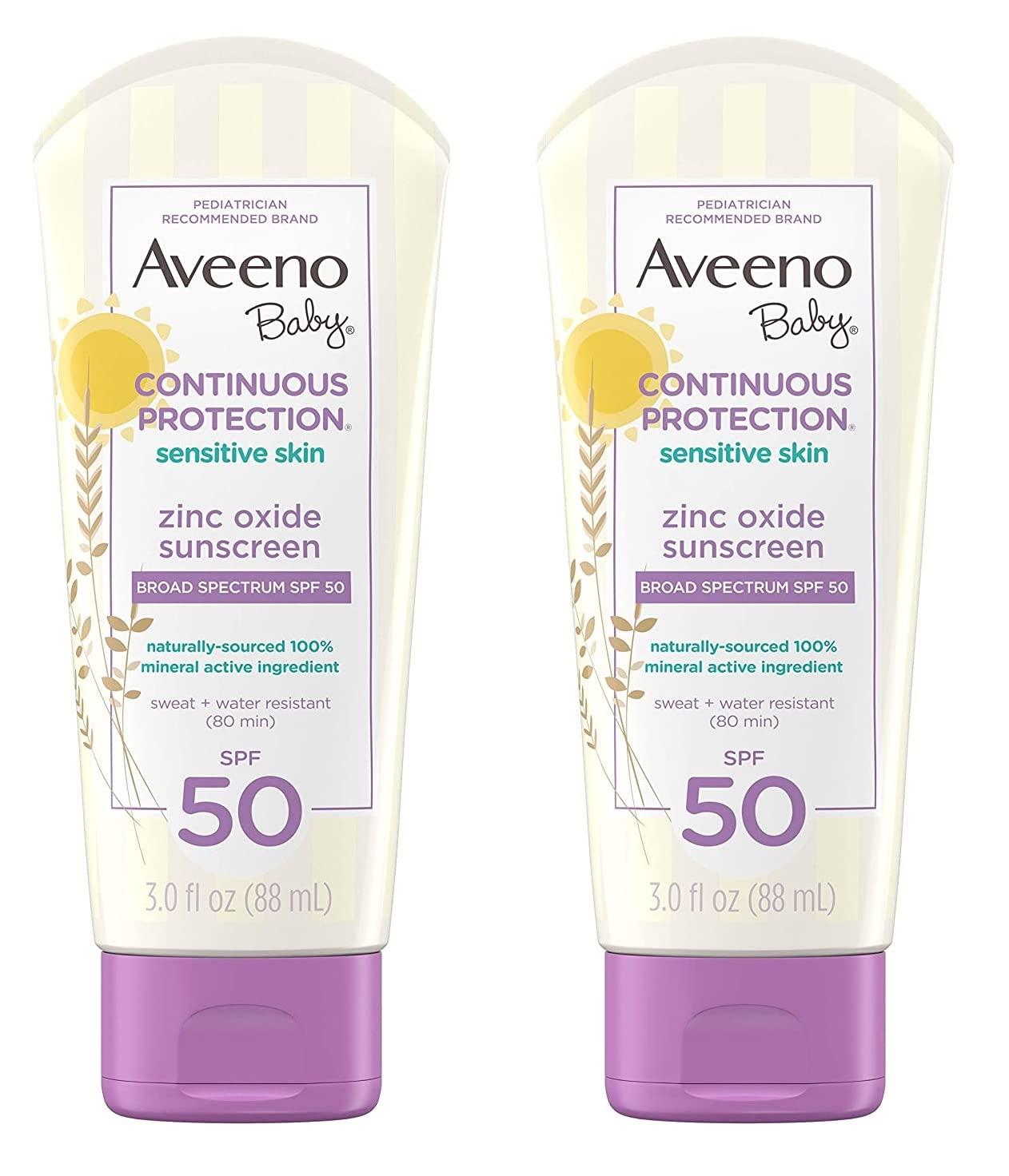 Aveeno Baby Aveeno Baby Continuous Protection Zinc Oxide Mineral Sunscreen Lotion for Sensitive Skin with Broad Spectrum SPF 50, Tear-Free, Sweat- & Water-Resistant, Travel-Size, 3 fl. Oz (Pack of 2)