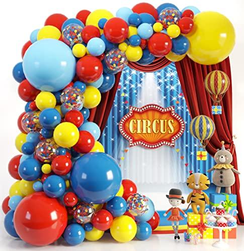 SHERYL DECOR ALL-IN-1 Circus Balloons Arch Kit & Garland for Carnival Party Decorations Theme Primary Color Balloons in Red Blue Yellow & Rainbow Confetti Baby Shower Circus Birthday Party Supplies