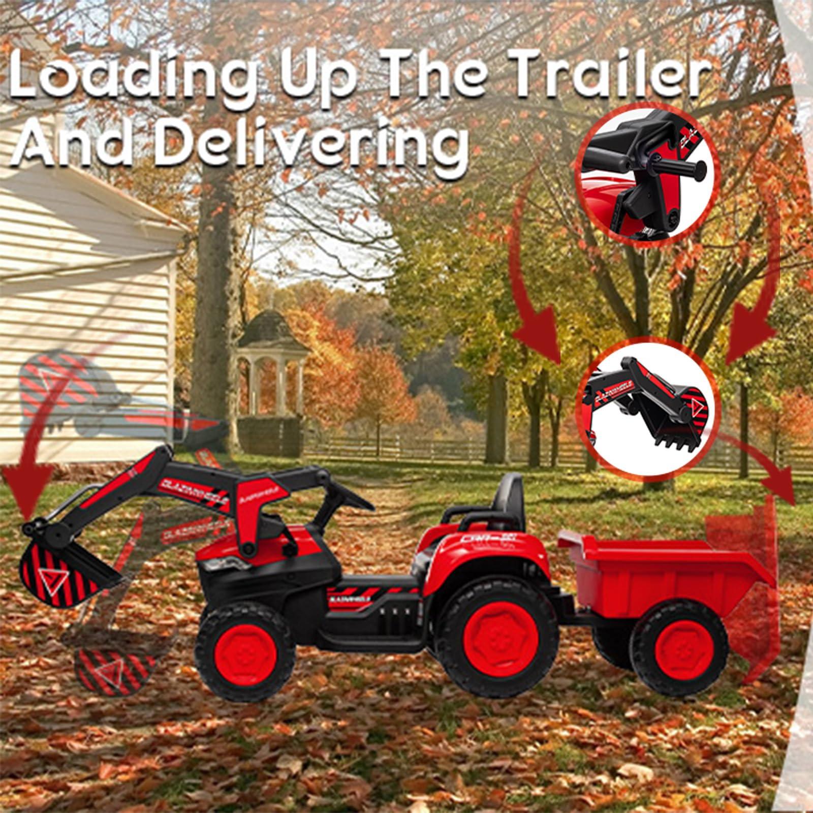 Hetoy Hetoy 12V 3 in 1 Kids Ride on Excavator & Tractor with Detachable Trailer, Kids Electric Vehicles with Remote Control, Digger, LED Lights, Music, Ride on Car Toy for Boys Girls, Red