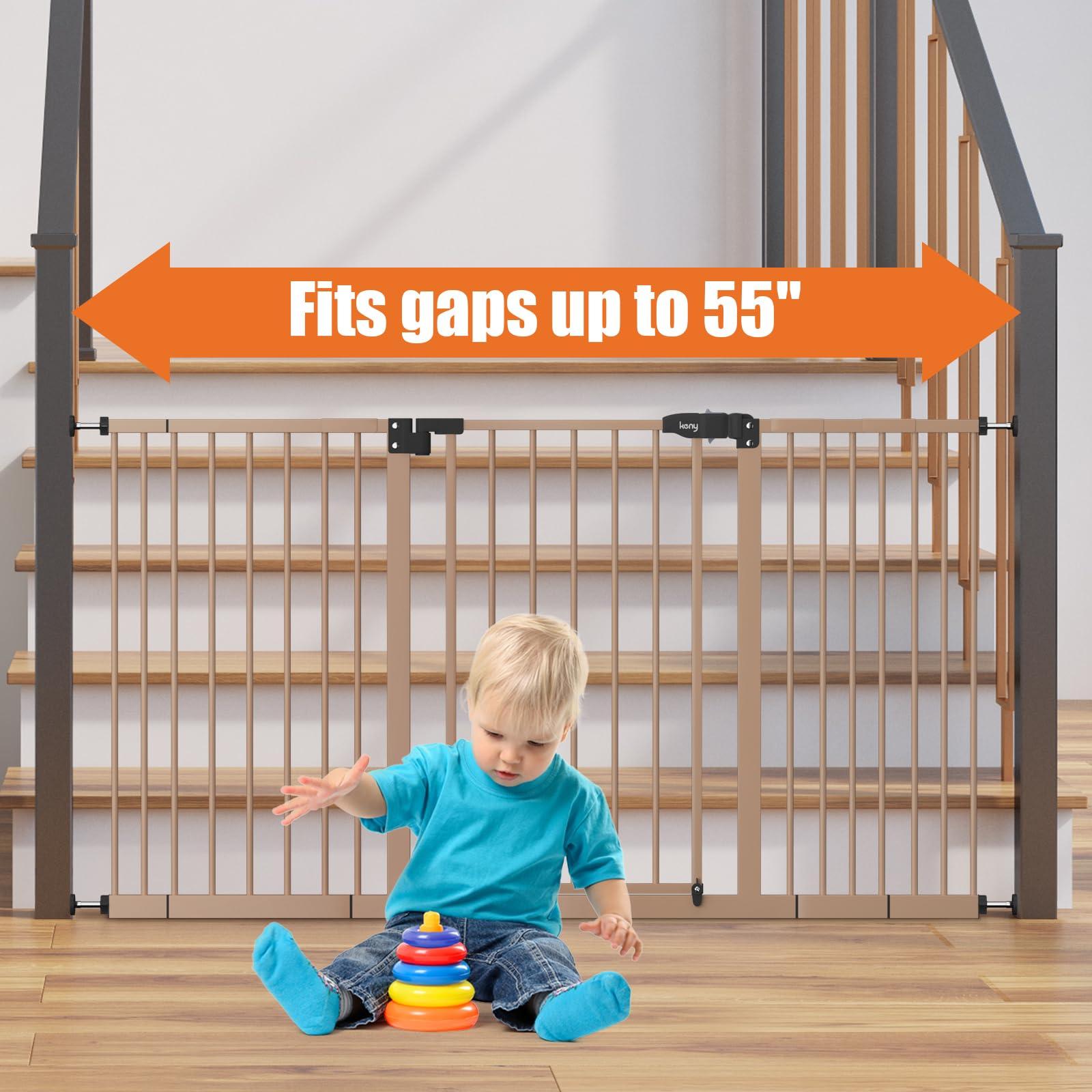 keny keny 29"-55" Extra Wide Baby Gate, Pressure Mounted No Drilling Dog Gate for Stairs Doorways, Easy Walk Through Safety Gate for Babies or Pets, 30" Tall, Brown