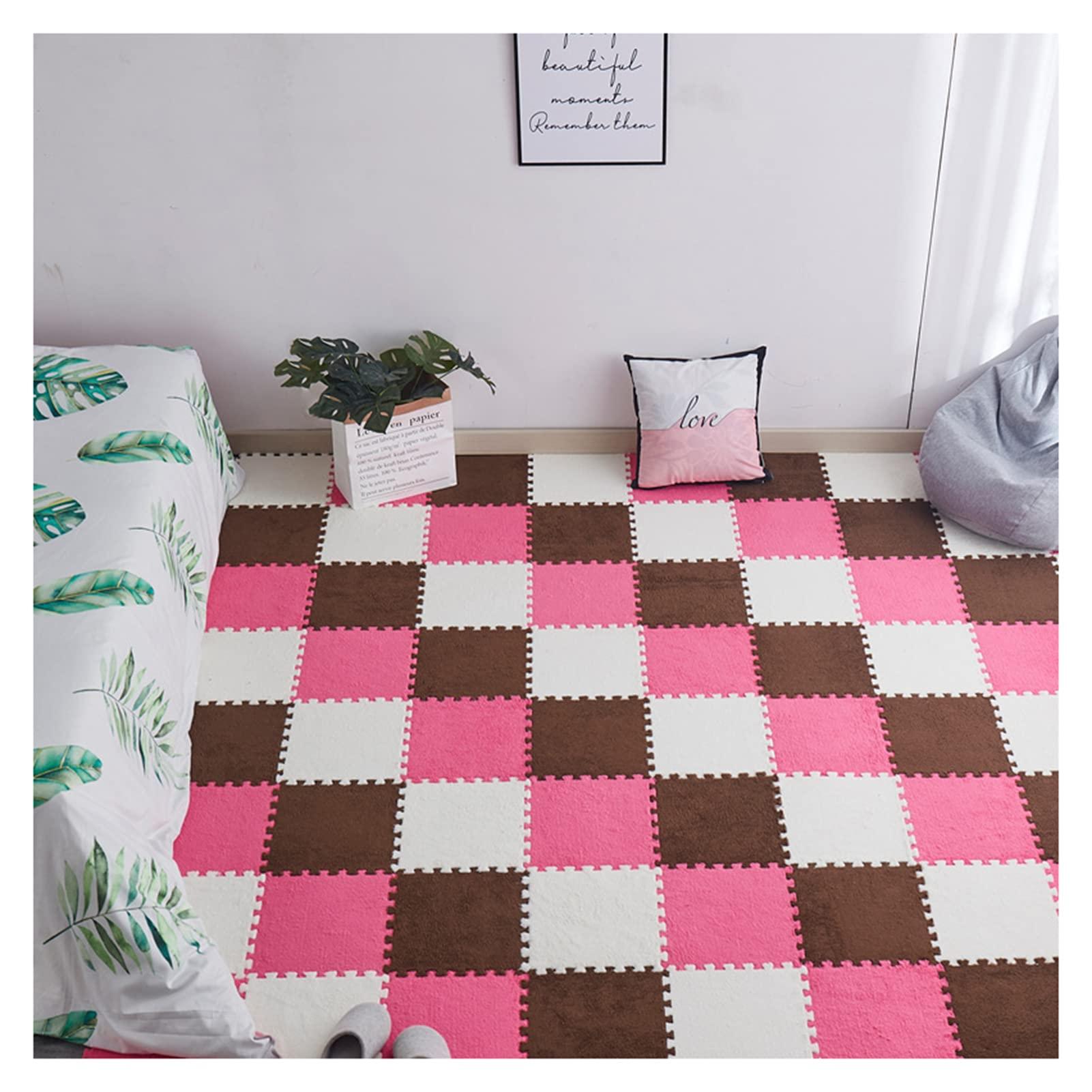 FYYSJW 20 Pcs Interlocking Carpet Tiles,Plush Foam Floor Mat,Square Puzzle Mat,Climbing Mat Area Rugs for Home Playroom,20 Tiles/19.4 Sq.Ft,Coffee+Rose+White