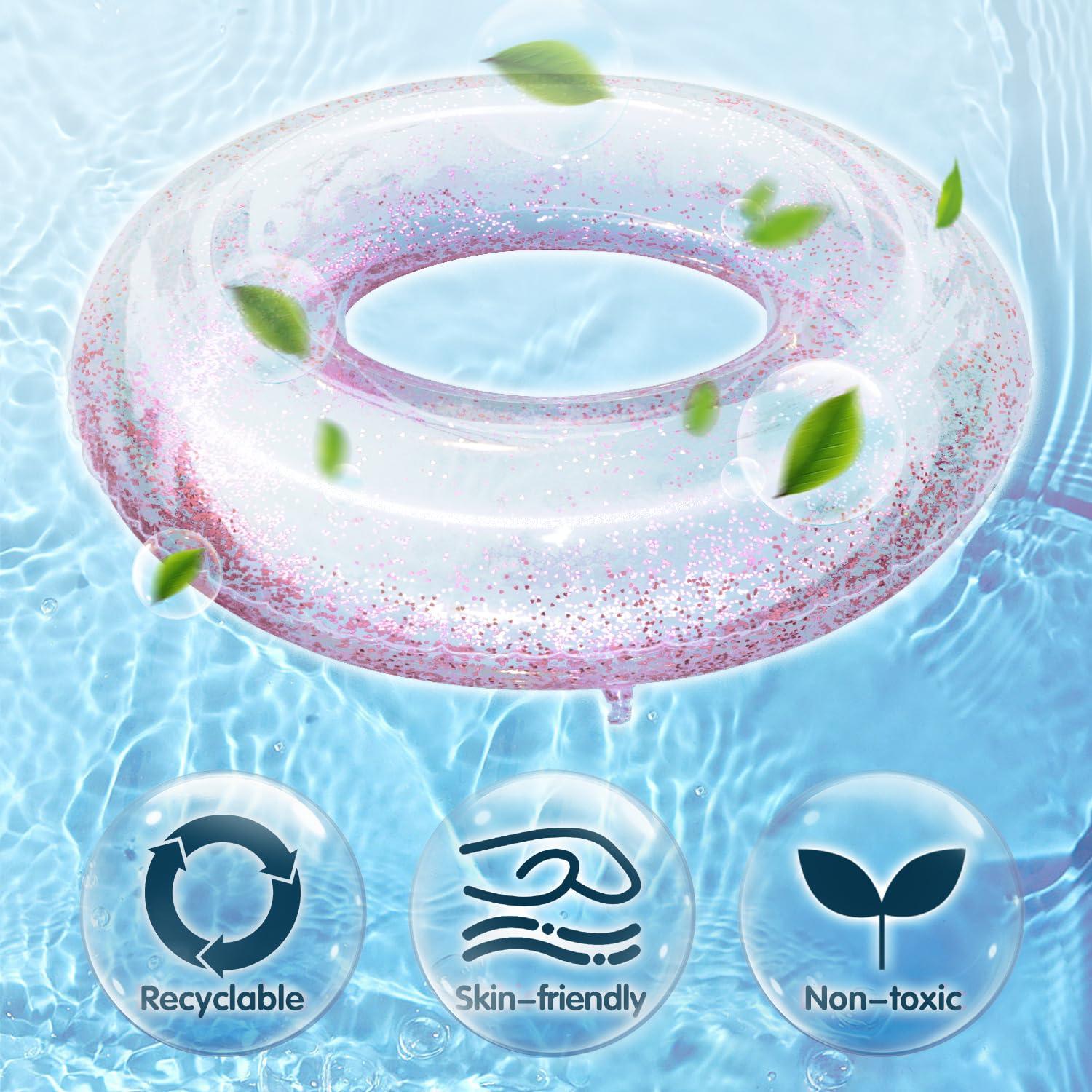 Polita Polita Pool Float, Pool Floats Kids Summer Glitter Pool Tube with Confetti,Tube Pool Toys Beach Party, Transparent Inflatable Floating Tubes for Adults and Kids (Pink+Blue)