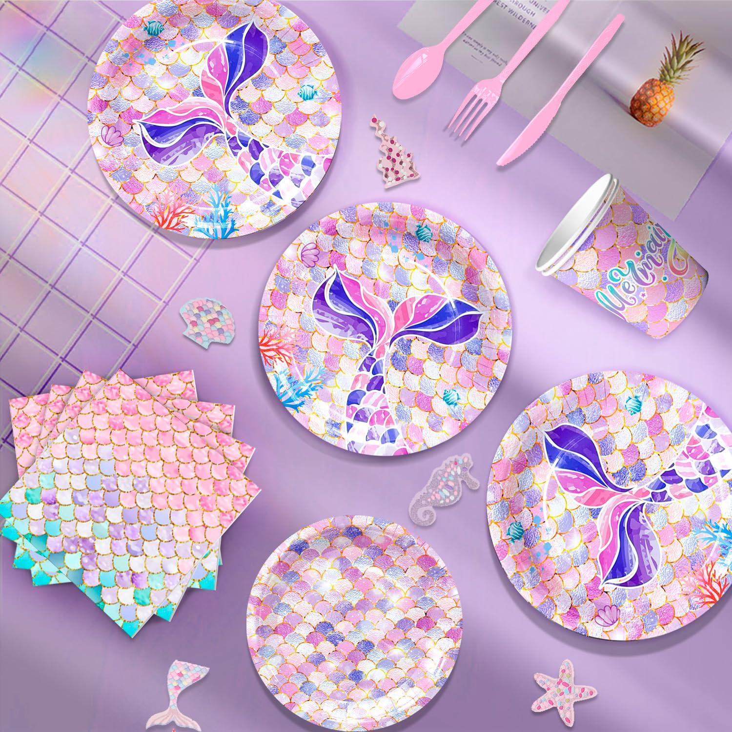 Fruitful Jewelry Mermaid Party Supplies,132 Pcs Mermaid Birthday Party Decorations Kit Mermaid Birthday Plates Cups Napkins Tablecloth Mermaid Banner Balloons Hanging Swirl etc Mermaid Birthday Decorations