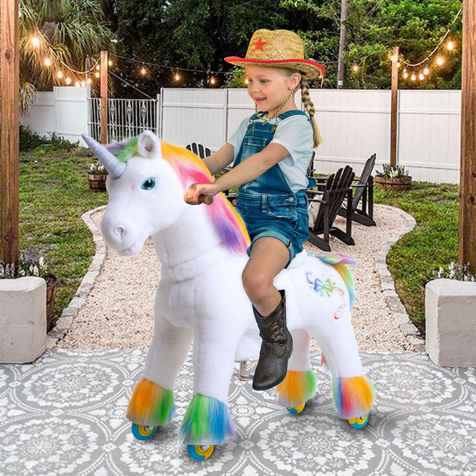 PonyCycle PonyCycle Ride on Rainbow Unicorn Toys Pony Cycle Premium Model X- Riding Horse for Kids 4-8 Size 4 Riding Unicorn No Electricity Mechanical Giddy up Pony Plush Toy Walking Animals X42