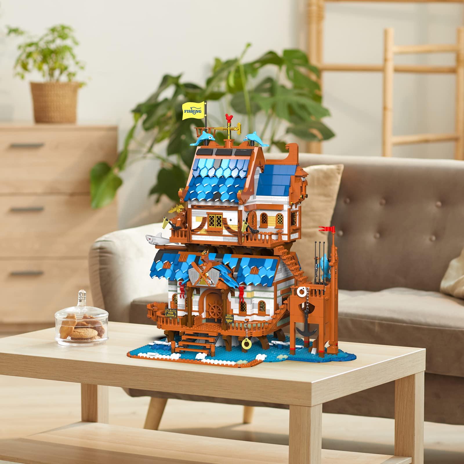 JMBricklayer JMBricklayer Medieval Fishing Shop Building Sets for Adults, LED Lighting Kit Creative Fishing Gear Store Castle House Model Toy, Collectible or Home Display, Ideas Gifts for Boys Girls 41107