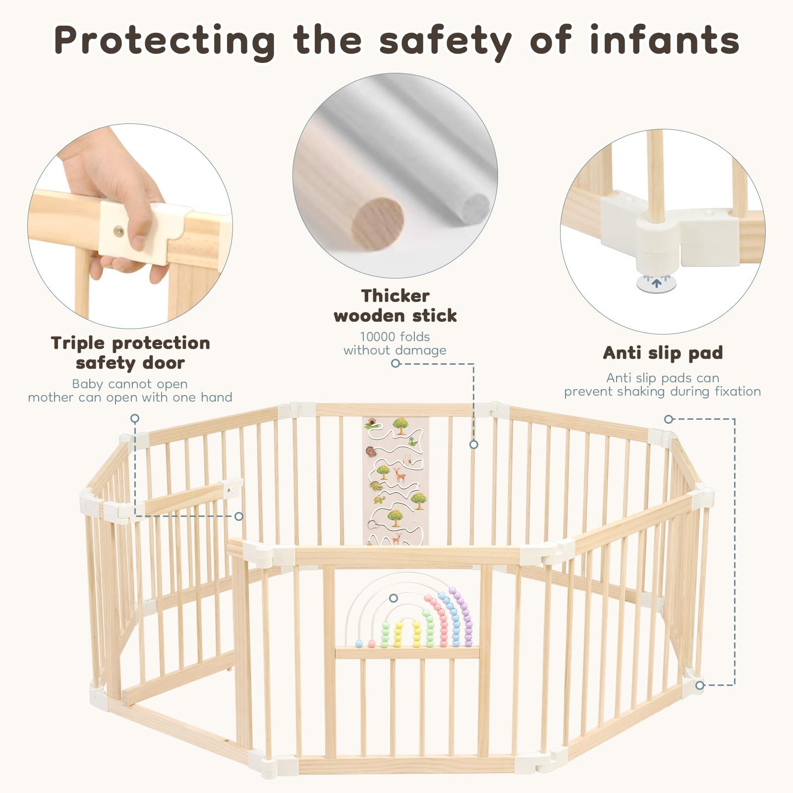 Ulnxiy Foldable Wooden playpen,Baby Playpen,playpen for Babies and Toddlers,Baby Activity Center with Baby Gate,Portable Large playpen with Adjustable Shape and Size,Baby Fence Play Area (56x56x24inches)