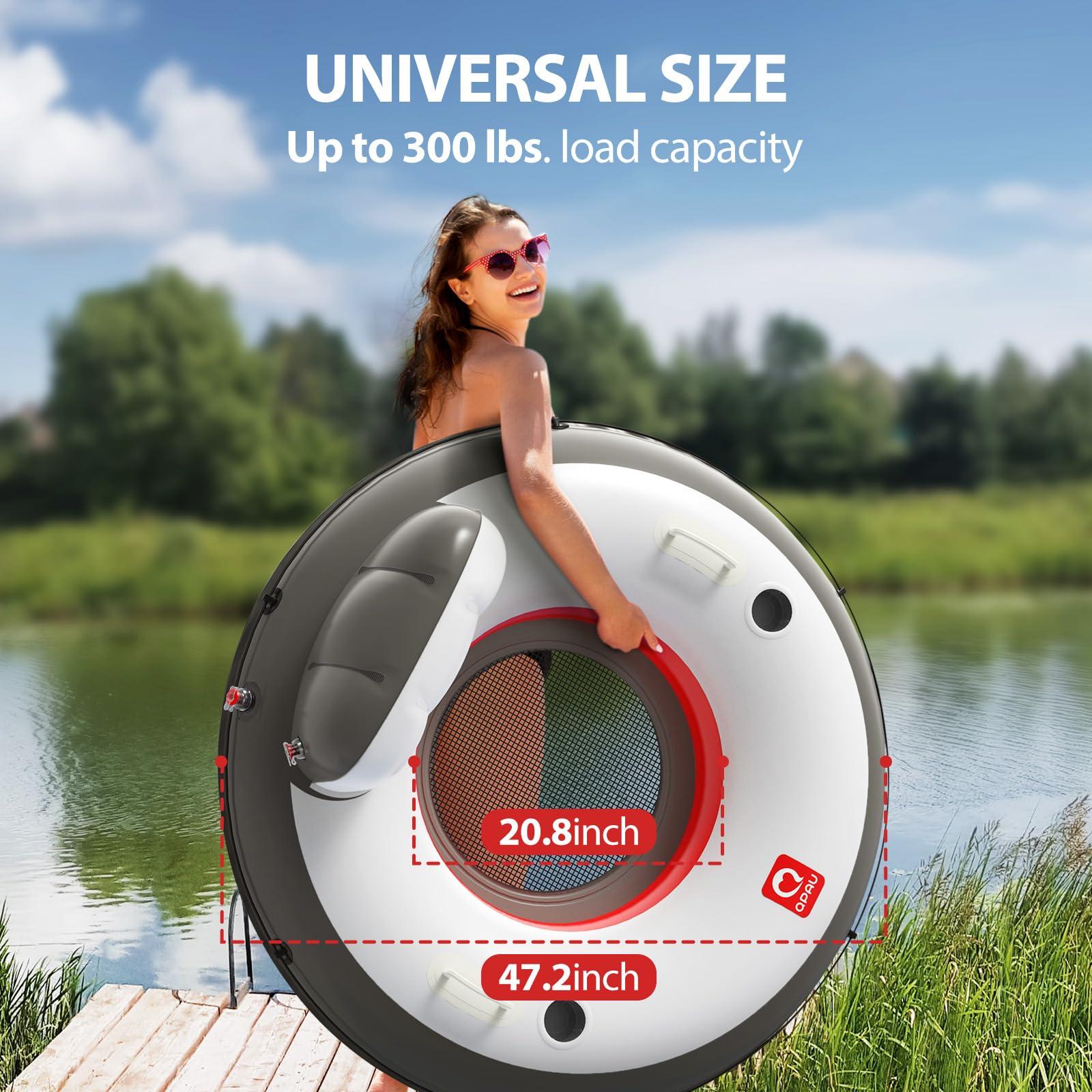 QPAU QPAU Inflatable Tube, 0.4 mm Thickened Puncture-Resistant Heavy Duty Float, River Raft with Ergonomic Backrest, Mesh Bottom & 2 Cup Holders for Family Friends Lake Float