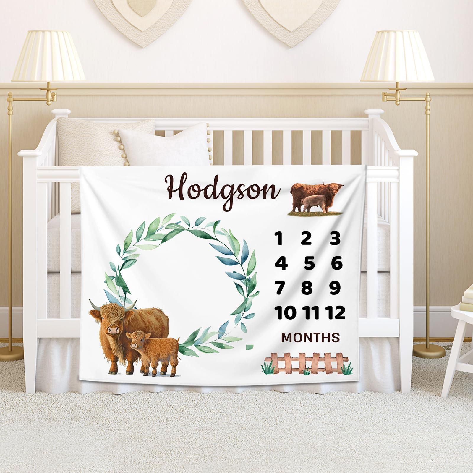 Naseagleeye Personalized Baby Milestone Blanket for Boys, Custom Newborn Baby Boy Blanket with Name, High Land Cow Baby Milestone Monthly Blanket for Shower Gift, Monthly Baby Milestone Blanket