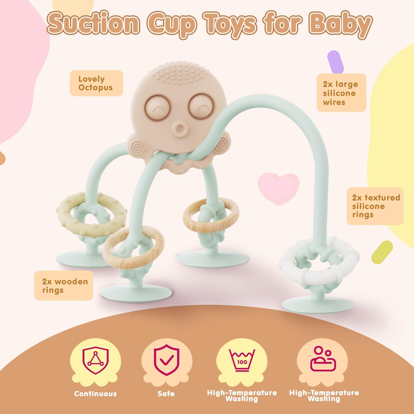 Happi2U Happi2U Baby Teething Toys, High Chair Toy with Suction Cup for Infant Toddlers 6 12 18 24 Month, Food Grade Silicone Teether with Oak Loop, Montessori Sensory Educational Baby Bath Toy Gifts (Green)