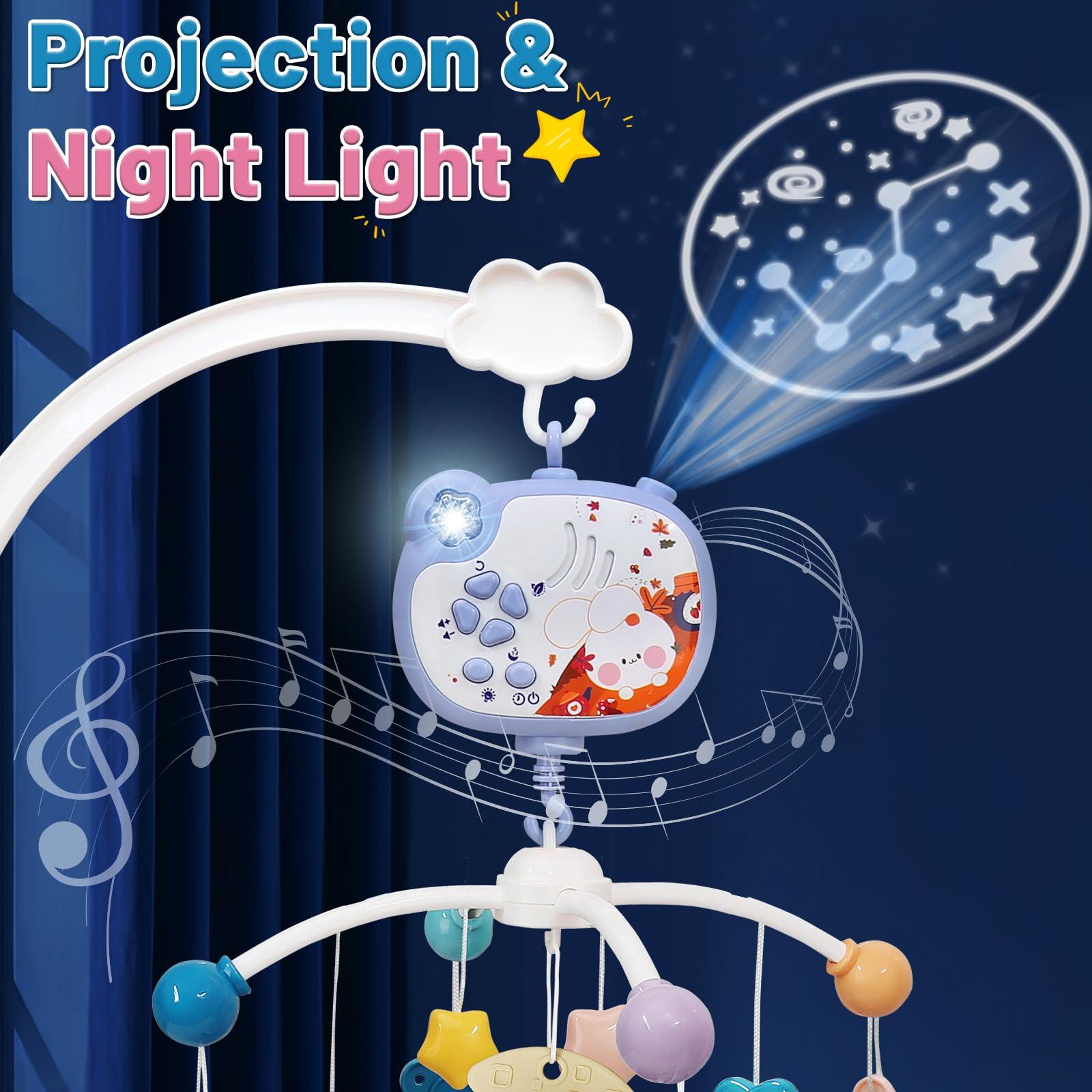 HCFJEH Baby Mobiles for Cribs, Crib Mobile with Music and Lights, Nursery Musical Mobile for Bassinets Hanging Toys with Remote Control, Rotation, Projection, Animal Mobile Arm Clip On for Infant Boys Girls