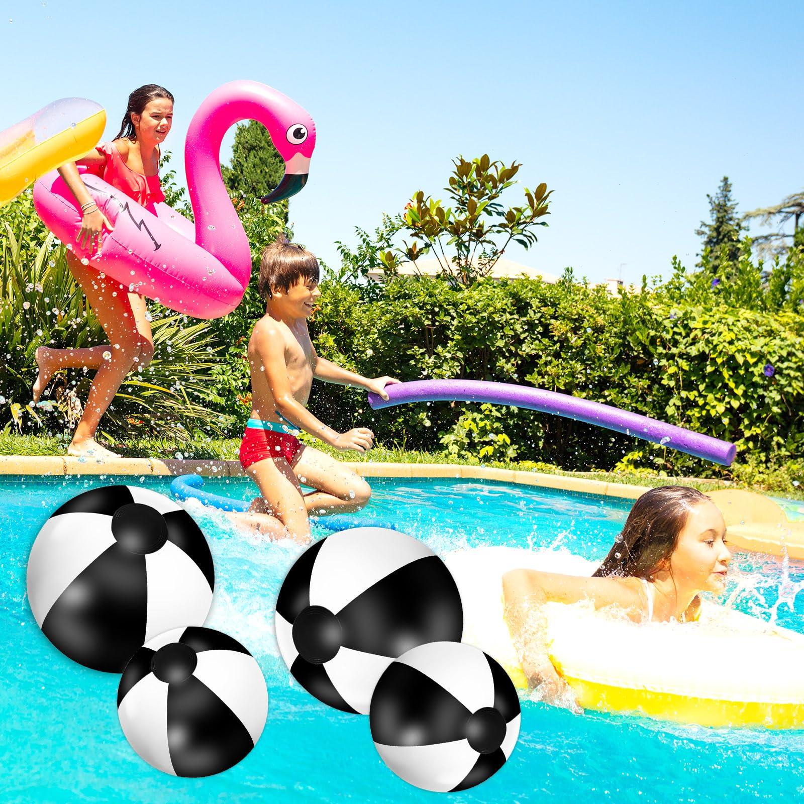 Whaline Whaline 5Pcs Inflatable Beach Ball 24 & 16 Inch Round Pool PVC Balls Cute Game Toys for Summer Hawaiian Tropical Theme Beach Party Decorations Water Sand Game Accessory (Black and White)