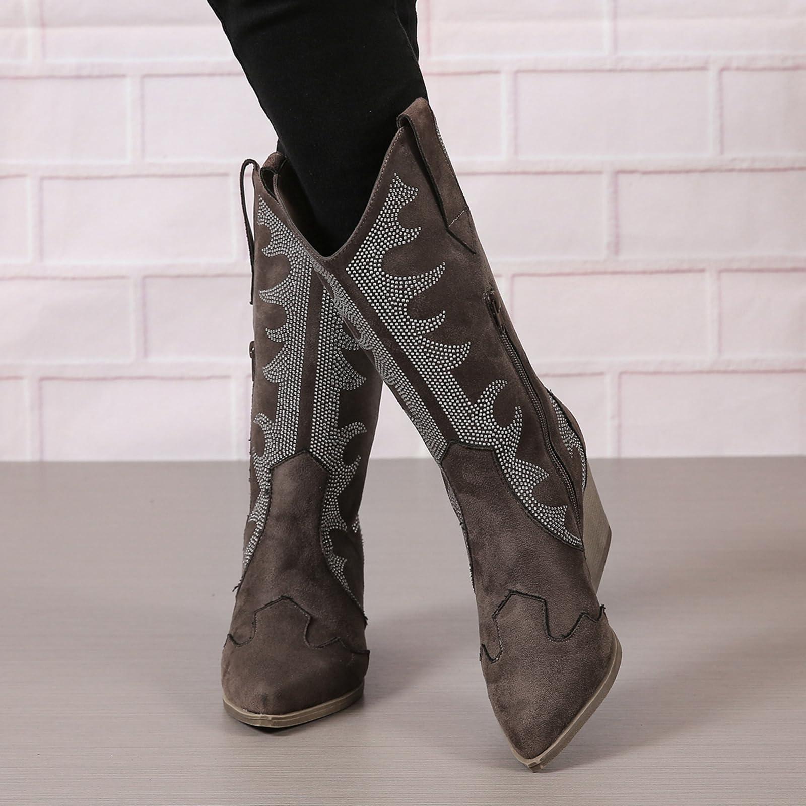 ZBYY ZBYY Women's Rhinestone Embroidered Western Cowboy Boots Mid Calf Chunky Heel Pull-Up Tabs Classic Cowgirl Boots