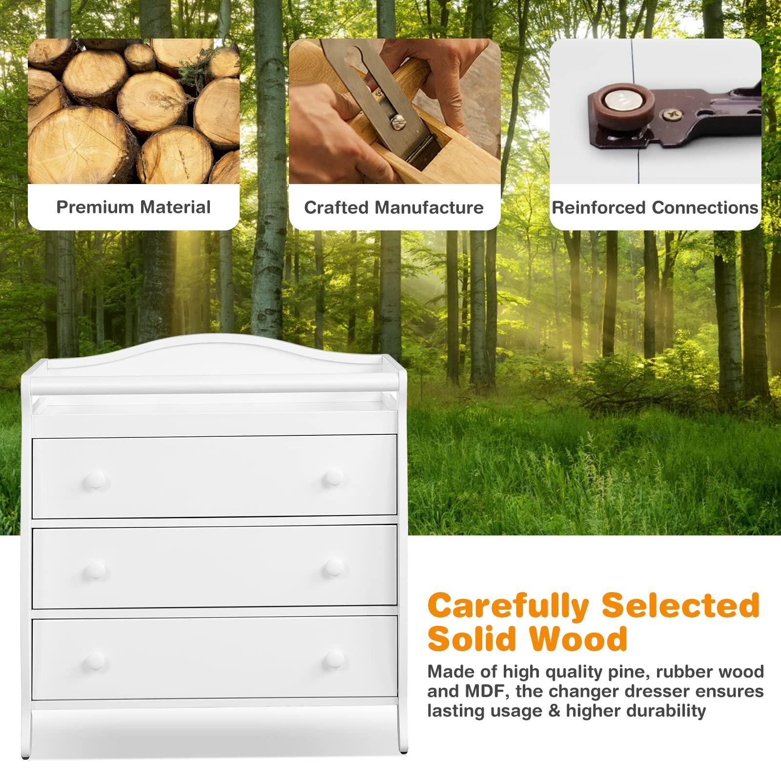 Costzon Costzon 3-Drawer Changing Table, Infant Diaper Changing Station with Drawers, Safety Rails & Strap, Baby Changing Table Dresser for Nursery, Easy Assembly (White)