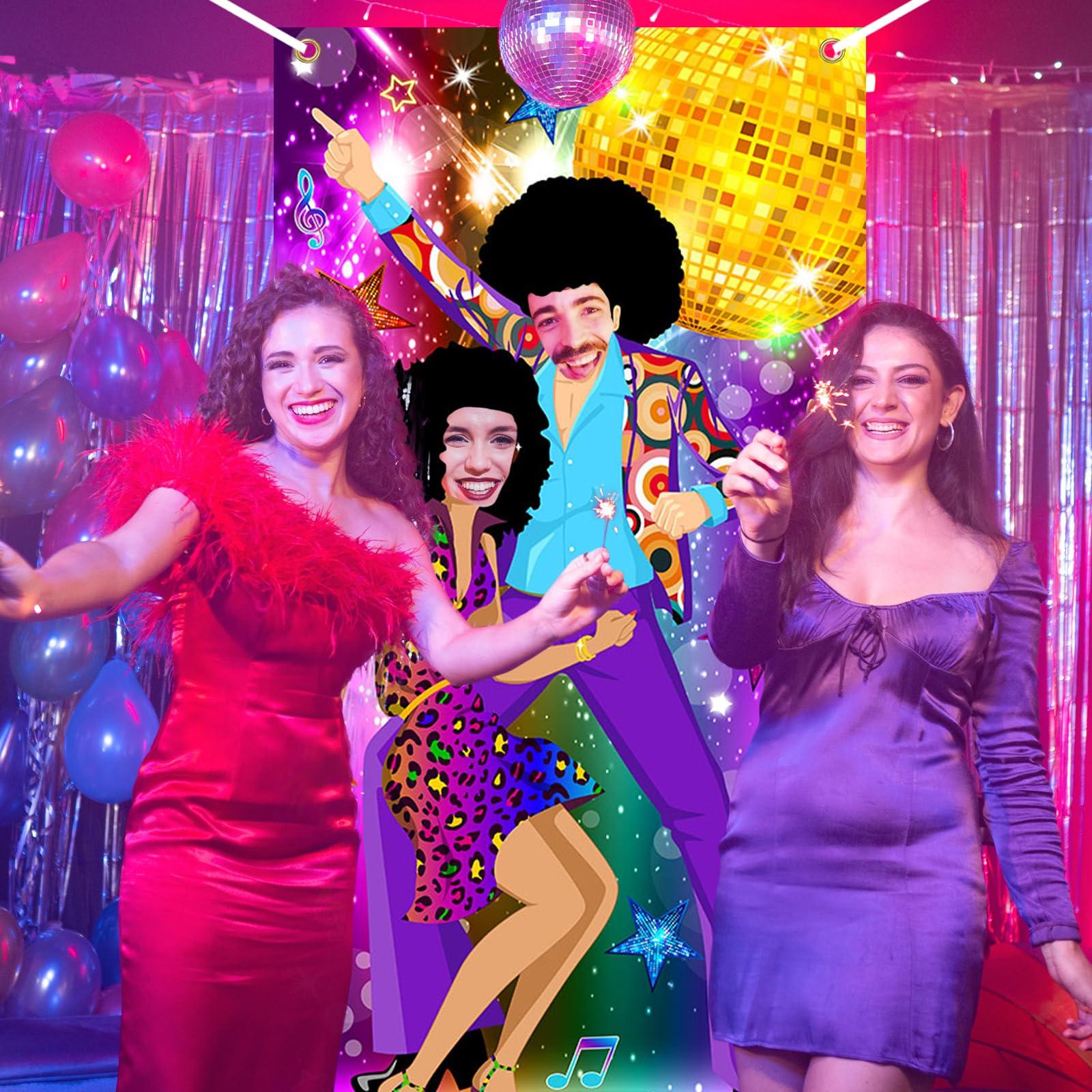 Lecheme Lecheme Disco Door Banner with Face Hole 3x6ft 70s Party Decorations 70s Theme Photo Props Party Supplies Face Cutout Photo Background