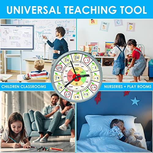 Teacher's Choice Educational Wall Clock - Silent Movement Time Teaching Clock for Teacher\'s Classrooms and Kid\'s Bedrooms (Silver/Multicolor Apple)