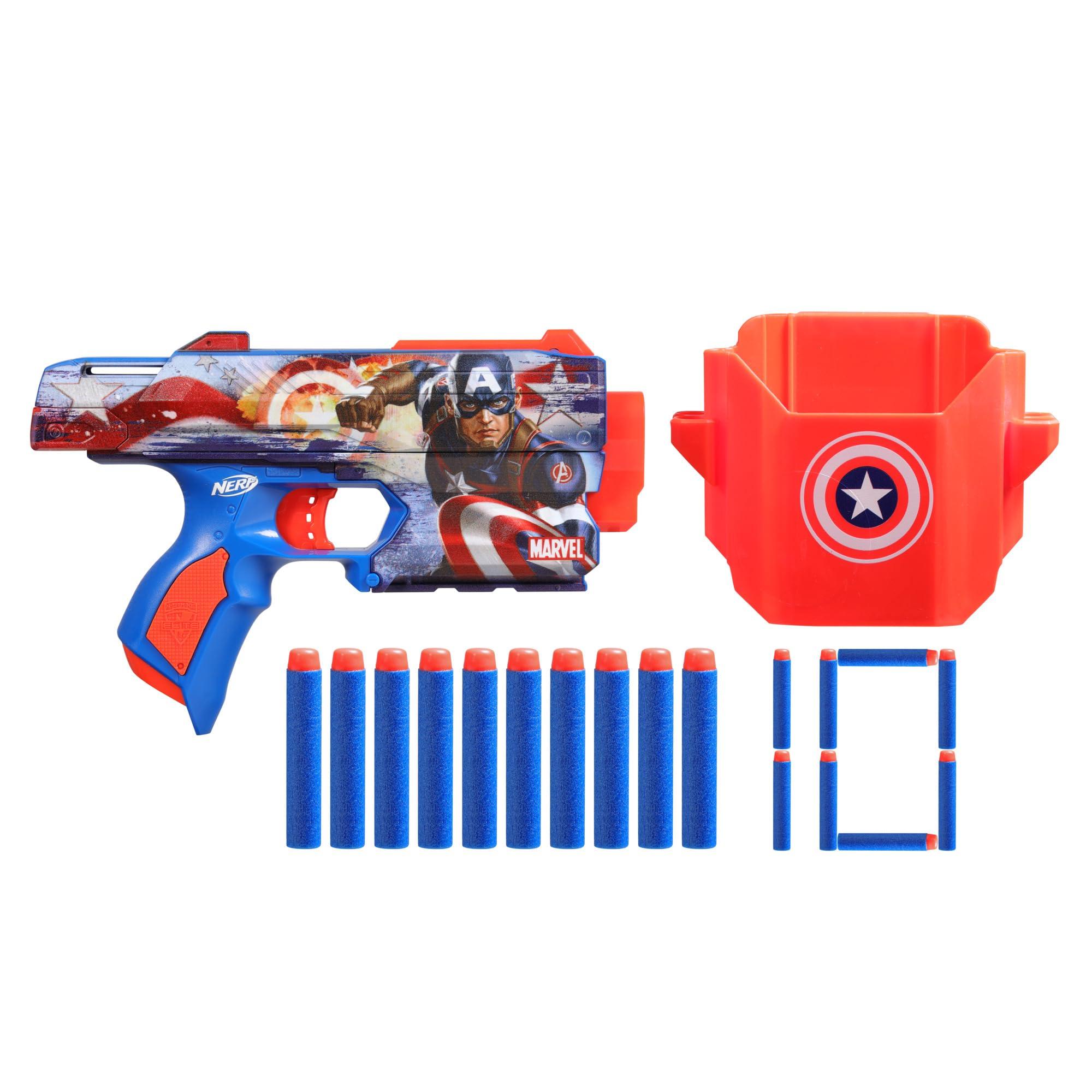 NERF NERF Marvel Captain America Dart Blaster, 10 Elite Darts, Holster, Toy Foam Blasters for 8 Year Old Boys & Girls & Up