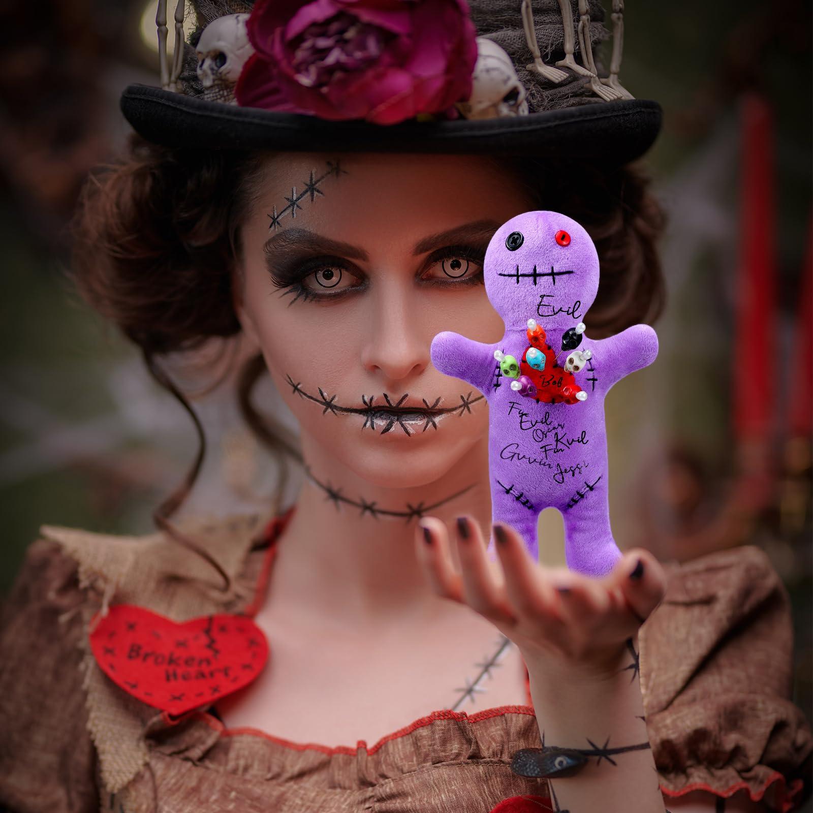 Kathfly Kathfly 8 Pcs Voodoo Doll Set Include Horror Doll, 7 Pcs Skull Pins Ghost Soft Revenge Dammit Creepy Pin Holder Voodoo Resin Metal Straight Pins Stress Relieving(Purple)