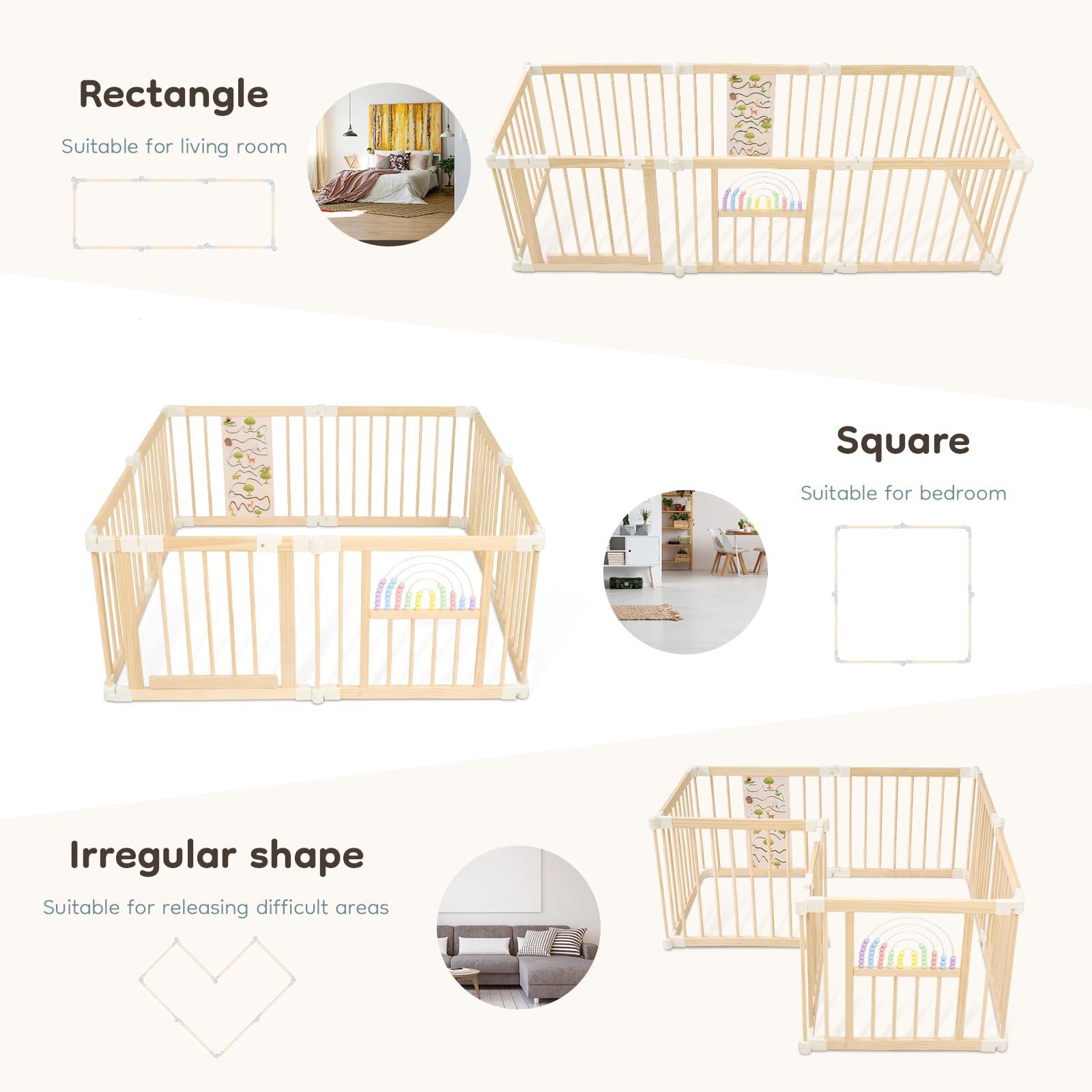 Ulnxiy Foldable Wooden playpen,Baby Playpen,playpen for Babies and Toddlers,Baby Activity Center with Baby Gate,Portable Large playpen with Adjustable Shape and Size,Baby Fence Play Area (56x56x24inches)