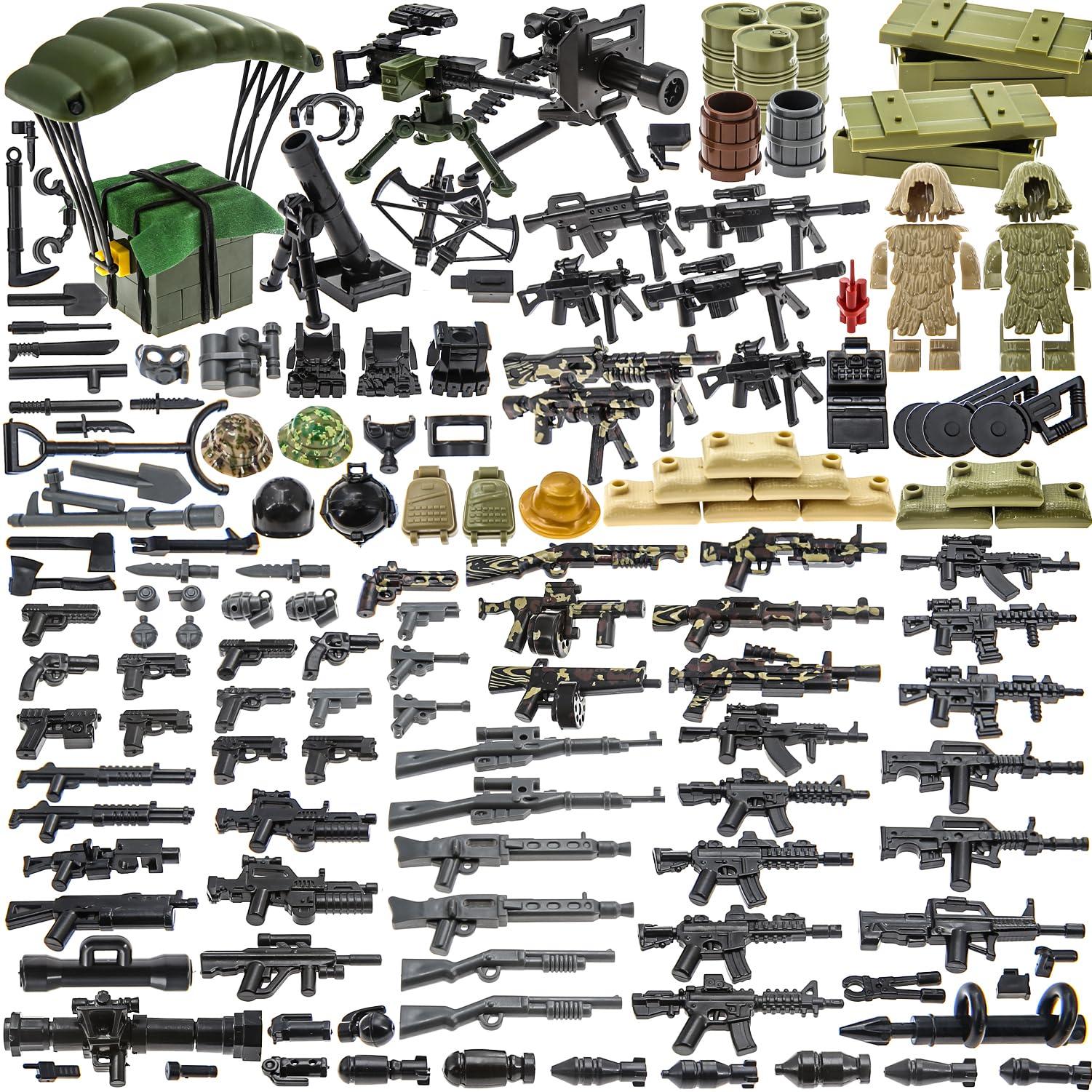 BloxBrix BloxBrix 180 pcs Weapons-Machine-Guns-Rifles Compatible with Major Brands,Minifigures-add-ons-Militarybase-Toy-Soldiers-Police, WW2-Modern-SWAT-Battle-Ammo-Belt-gas mask-Decations for Army-Men