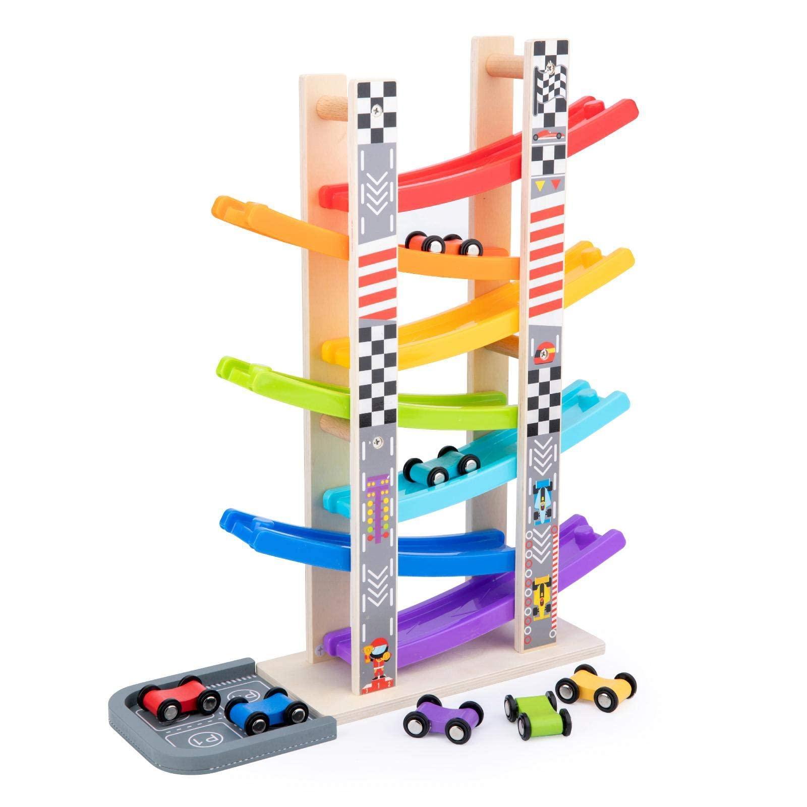 WOOD CITY Wood City Toddler Toys for 1 2 3 Years Old, Wooden Car Ramp Racer Toy Vehicle Set with 7 Mini Cars & Race Tracks, Montessori Toys Craft Gift for Toddlers Boys and Girls