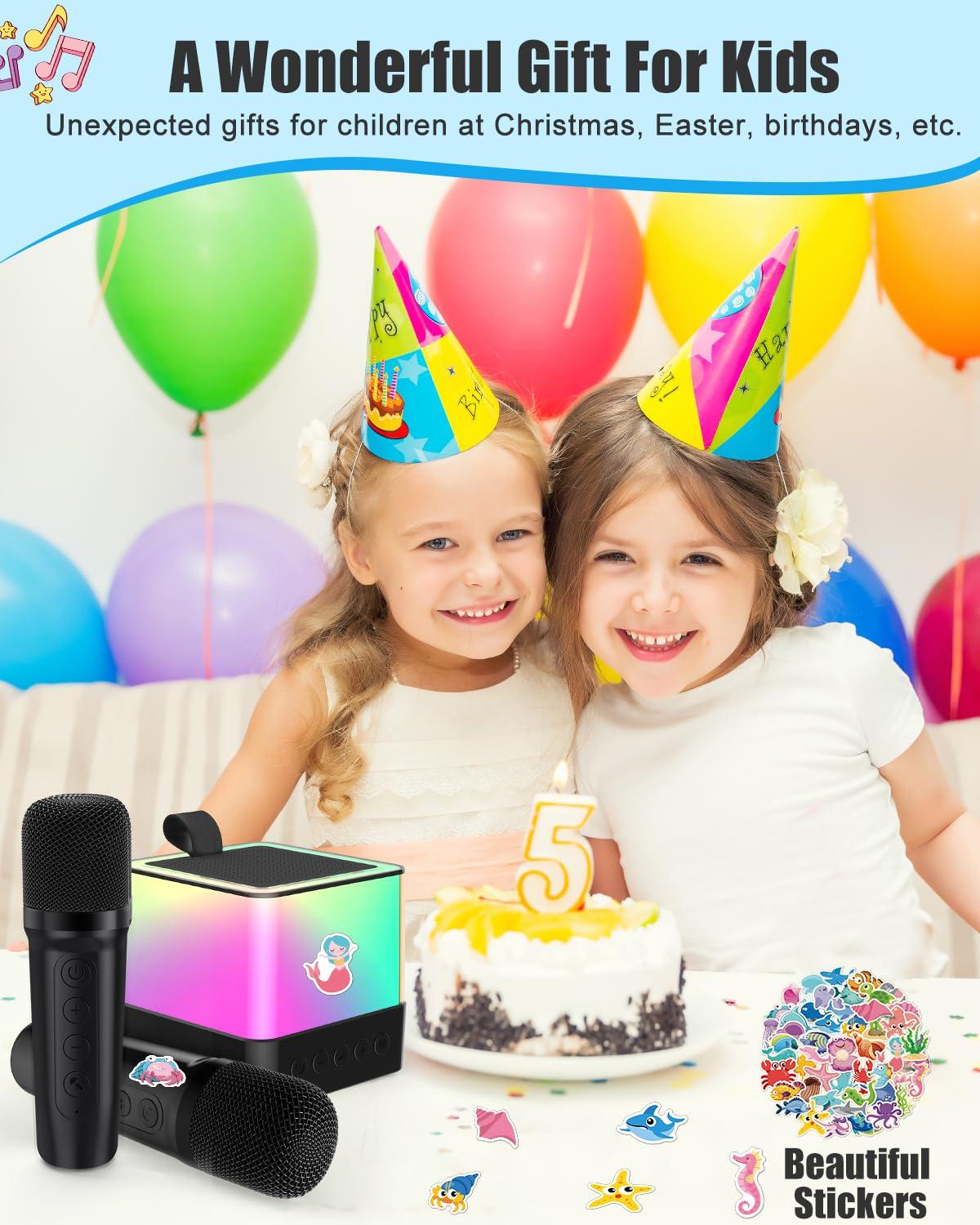 SmileSpree Mini Karaoke Machine for Kids Adults, Portable Bluetooth Speaker with 2 Wireless Microphones, Toys for Girls, Boys - Birthday Gifts for Ages 4, 5, 6, 7, 8, 9, 10, 12+ Family Home Party (Black)