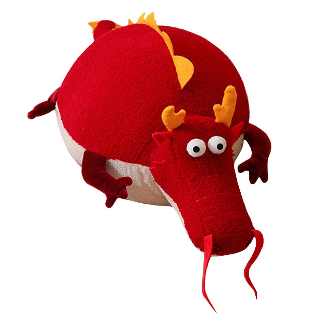 ELAINREN ELAINREN Chubby Chinese Dragon Plush Toy Cartoon Red Chinese Dragon Stuffed Body Pillow,Cute Round Dragon Lion Plushie Dino Dragon Gifts New Year/Xmas, 23.6\'\'