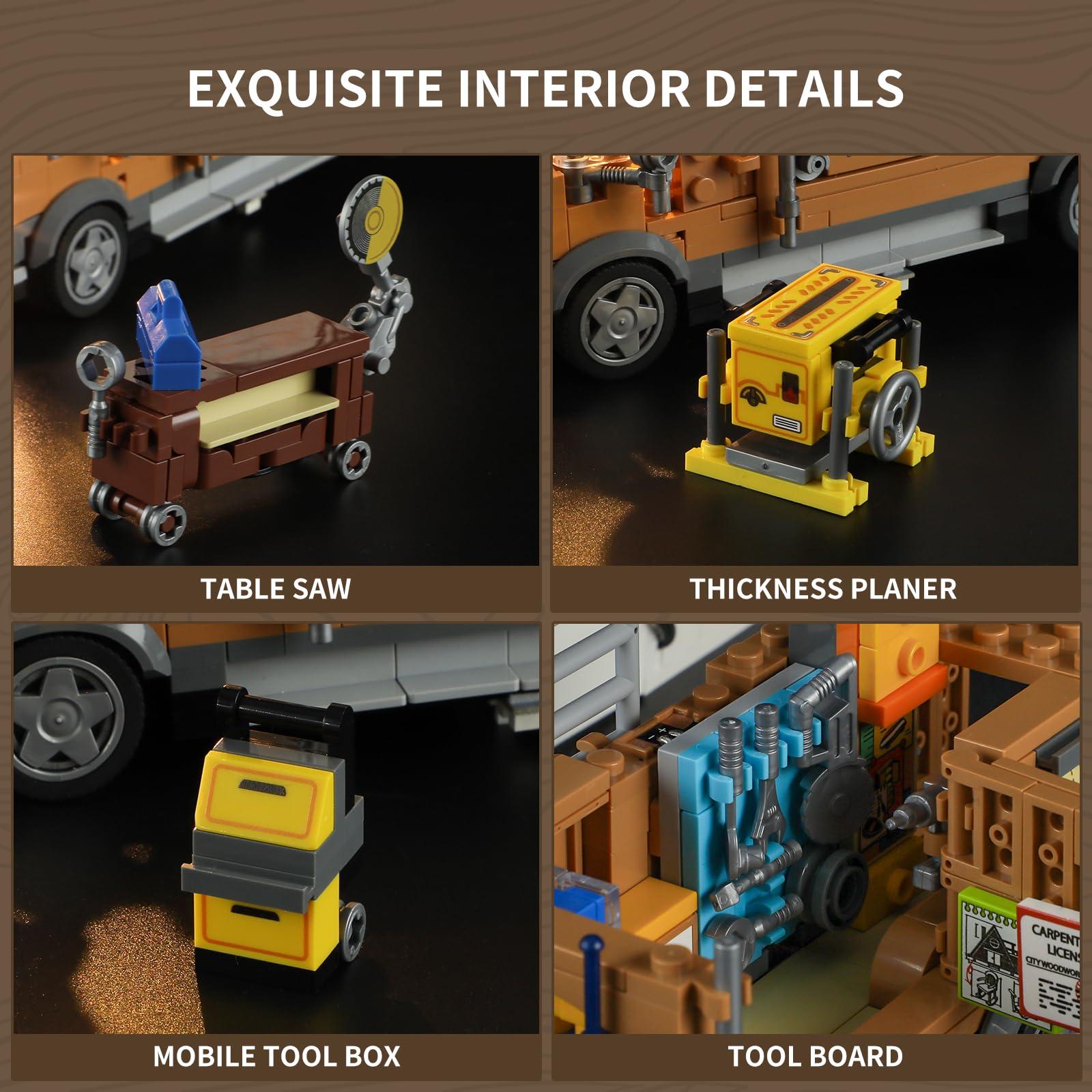 FUNWHOLE FUNWHOLE Carpentry Van Lighting Building-Bricks Set - Farm Woodworker Car Collectible Display Set 496 Pcs for Adults and Teen