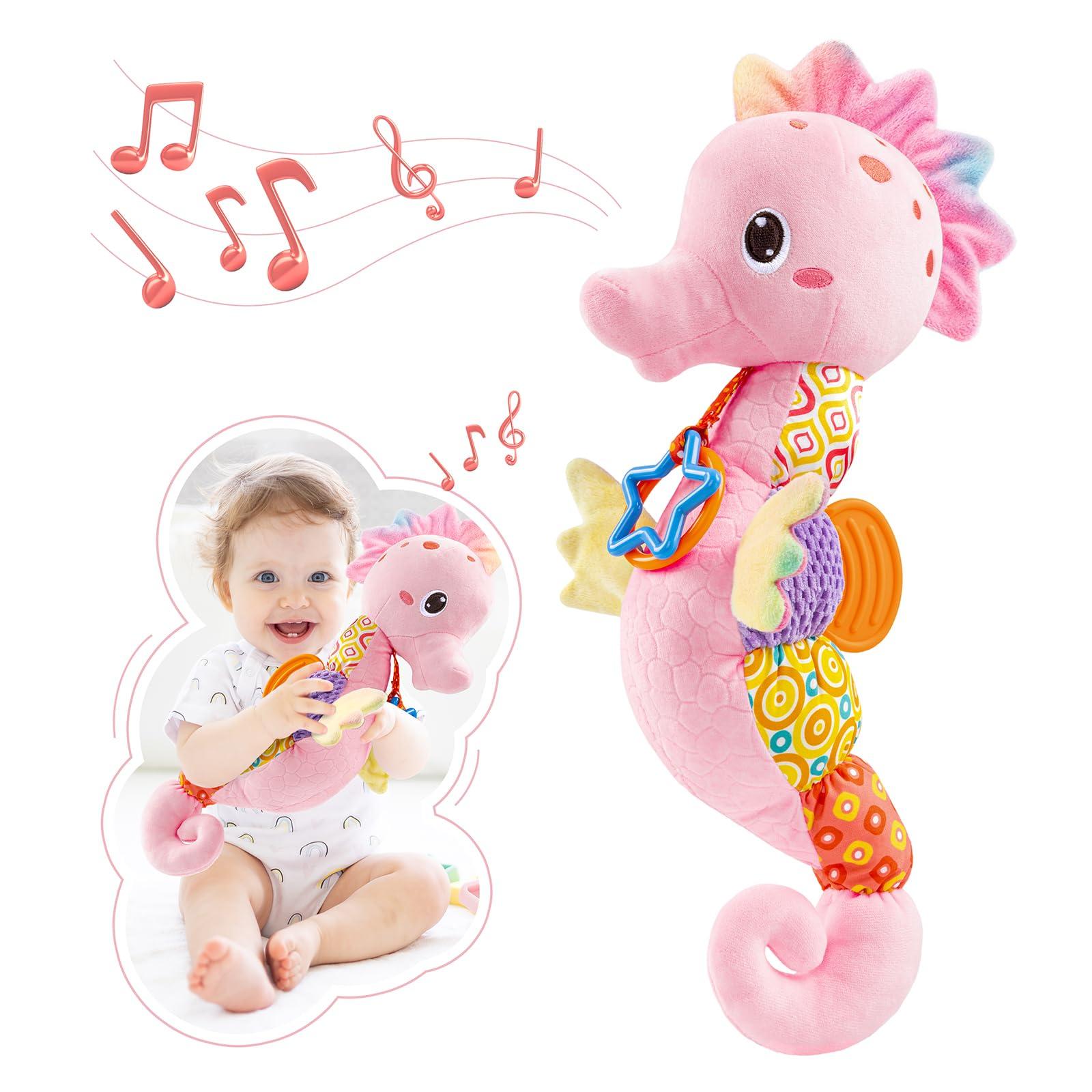 AWOTOY AWOTOY Baby Toys 0 to 12 Months, Musical Stuffed Animal Activity Soft Toys with Multi-Sensory Crinkle, Rattle and Textures,Infant Tummy Time Toys for Newborn Girls, Seahorse, Pink