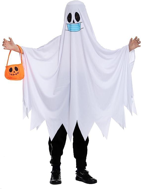 Spooktacular Creations Spooktacular Creations Halloween Child Friendly Ghost Costume with Pumpkin Bucket, Halloween Spooky Cloak Cape horror masks for Unisex Kids (Small (5-7yr))