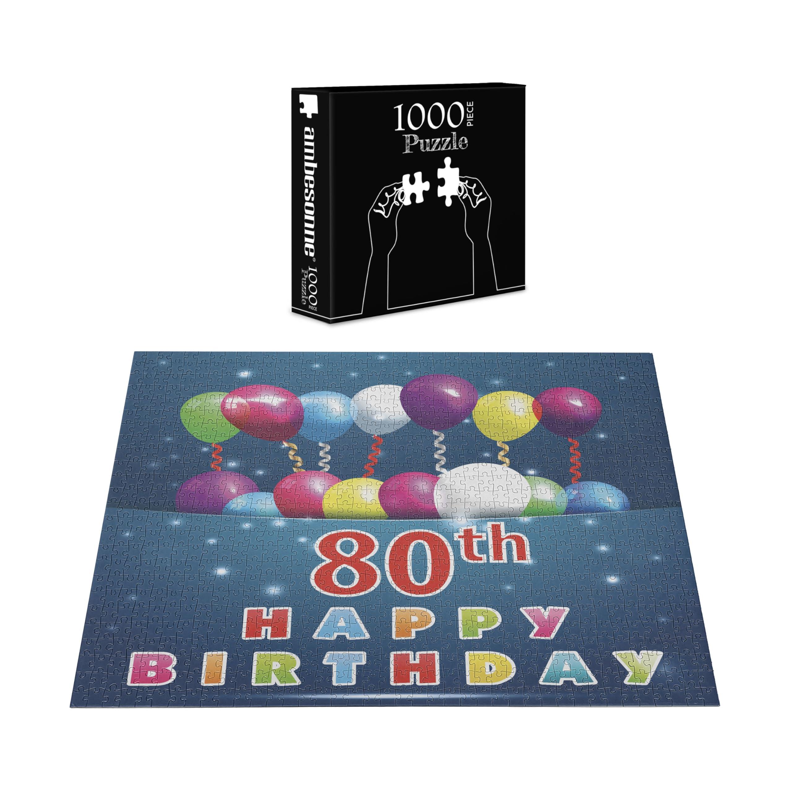 Ambesonne Ambesonne 80th Birthday Jigsaw Puzzle for Adults, Happy Birthday Words with Colorful Baloons on Blue Colored Backdrop Image, Heirloom-Quality Fun Activity Durable Cardboard, 1000 pcs, Sea Blue
