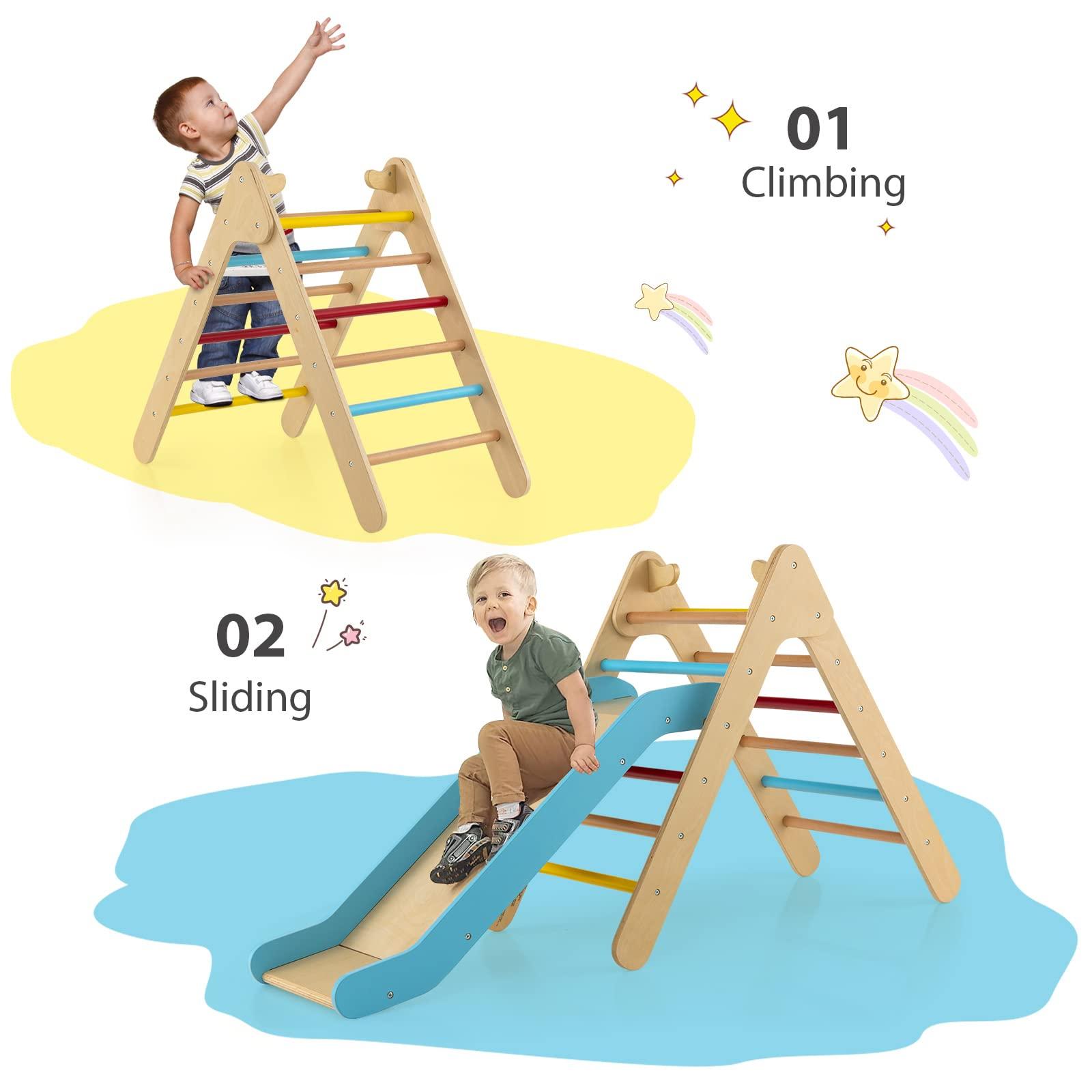 Olakids OLAKIDS Pikler Triangle Set 2 in 1 Climbing Toys for Toddlers Foldable Wood Montessori Baby Jungle Gym with Ladder Ramp Slide Kids Indoor Playground Activity Play Structure