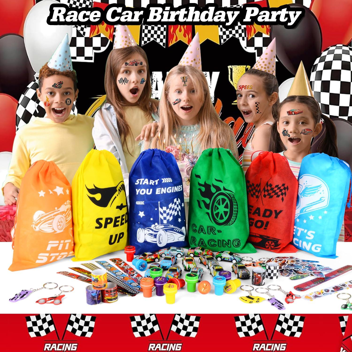 KISPATTI 122 PCS Race Car Party Favors, Racing Birthday Party Favors with Pull Back Cars Drawstring Bags Slap Bracelet Keychain Stamper Tattoo Stickers, Racecar Theme Party Supplies Goodie Bag for Boys Kids