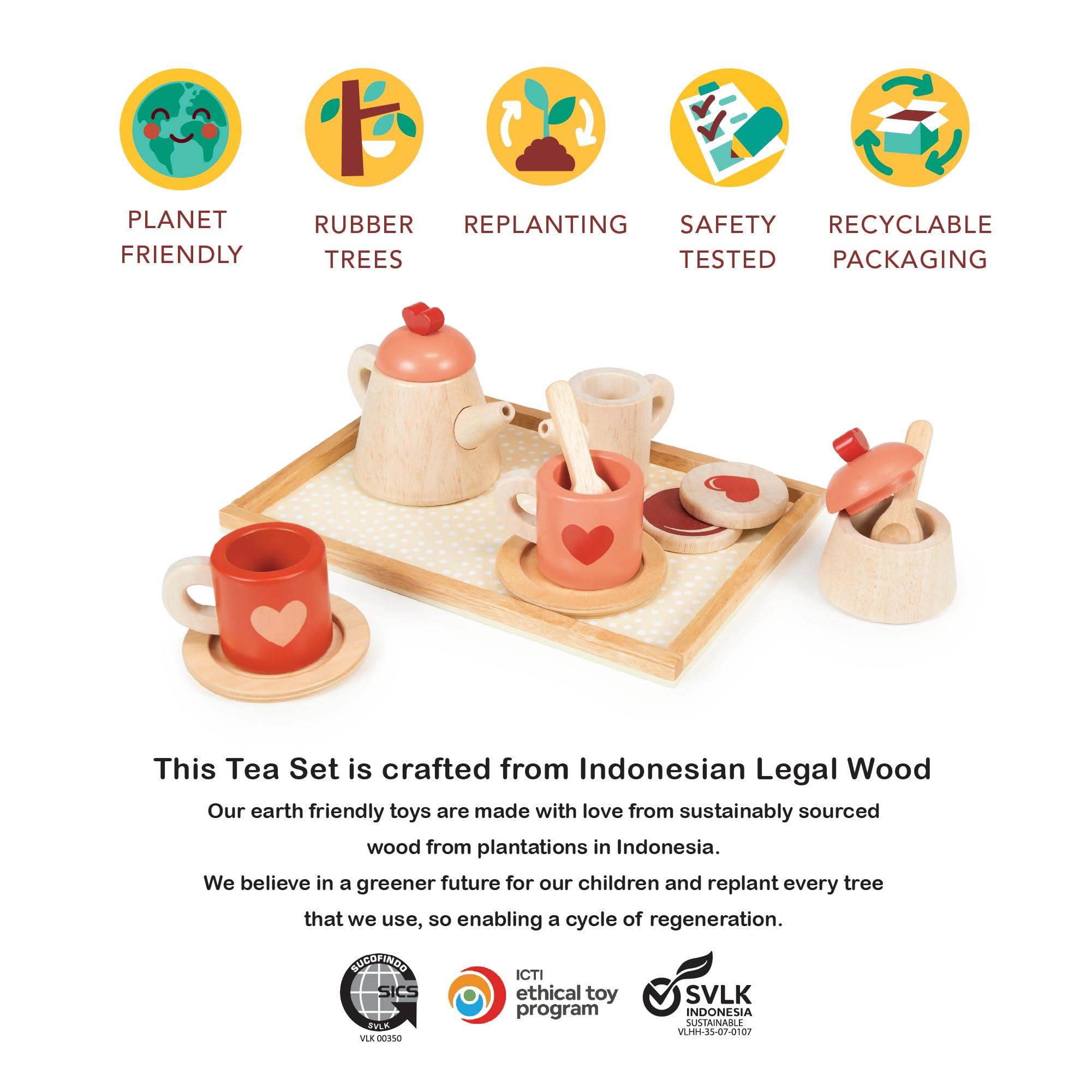 Mentari Mentari Toys - Tea Time Tray Set - Wooden Pink Teapot, Cups and Trays for Pretend Afternoon Tea Party - Social, Creative, and Imaginative Development - Learning Role Play - Age 3+