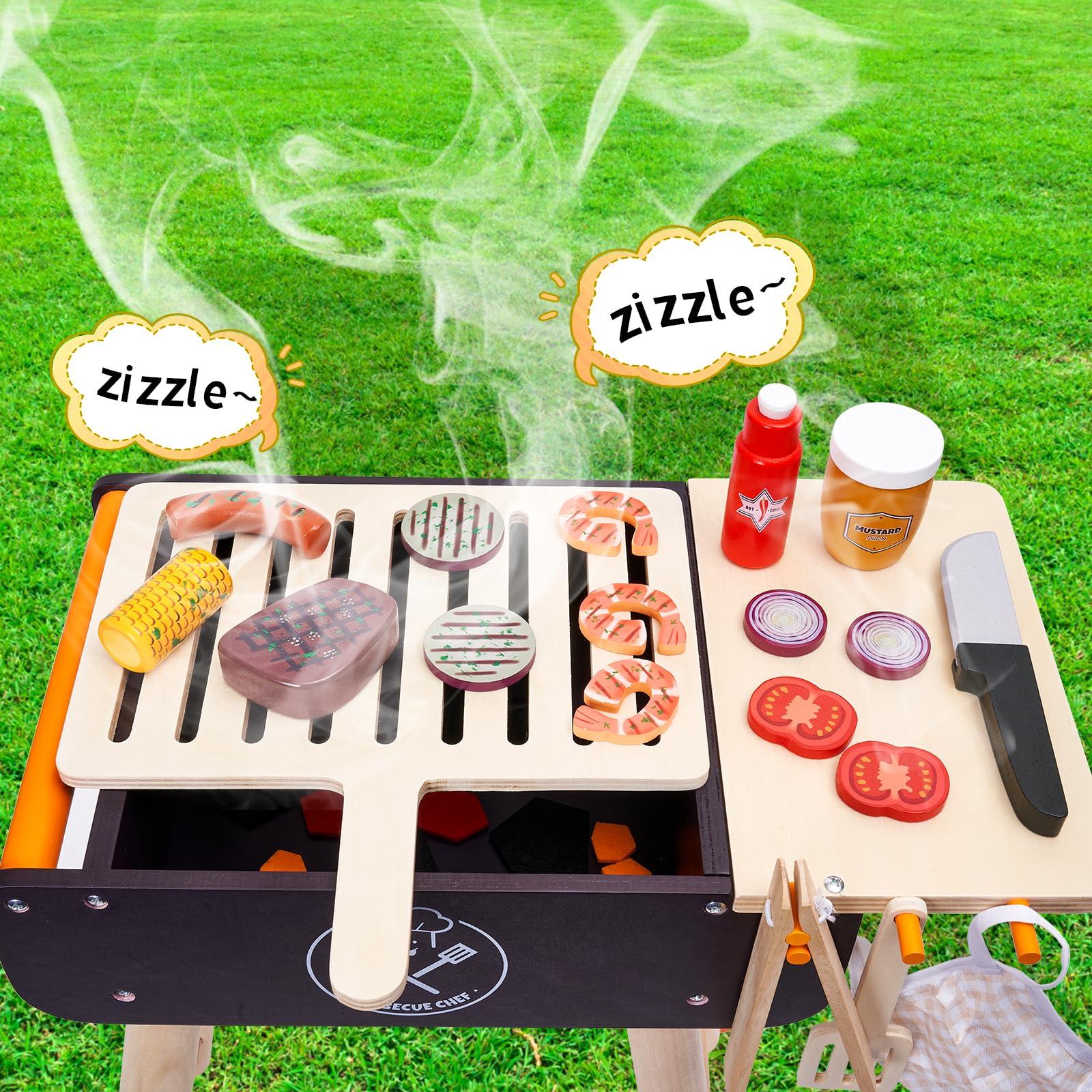MerryPony MerryPony Wooden Play Barbecue Toy Grill, Kids BBQ Grill Playset with Play Food and Grilling Tools, Kids Cooking Sets, Outdoor Play Kitchen Set Kids, Pretend Play Kitchen Accessories Toddlers Age 3+