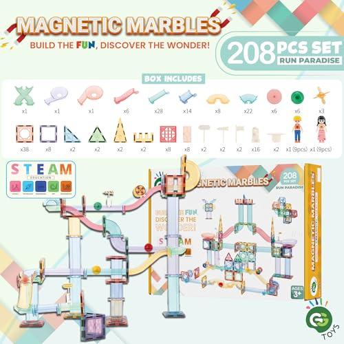 GG TOYS GG TOYS Magnetic Marble Run  208 PCS Magnetic Tiles & Construction Blocks Set  STEM Building Toys for Boys & Girls Ages 3-9  3D Educational Marble Race Game  Gift for Birthdays & Classrooms