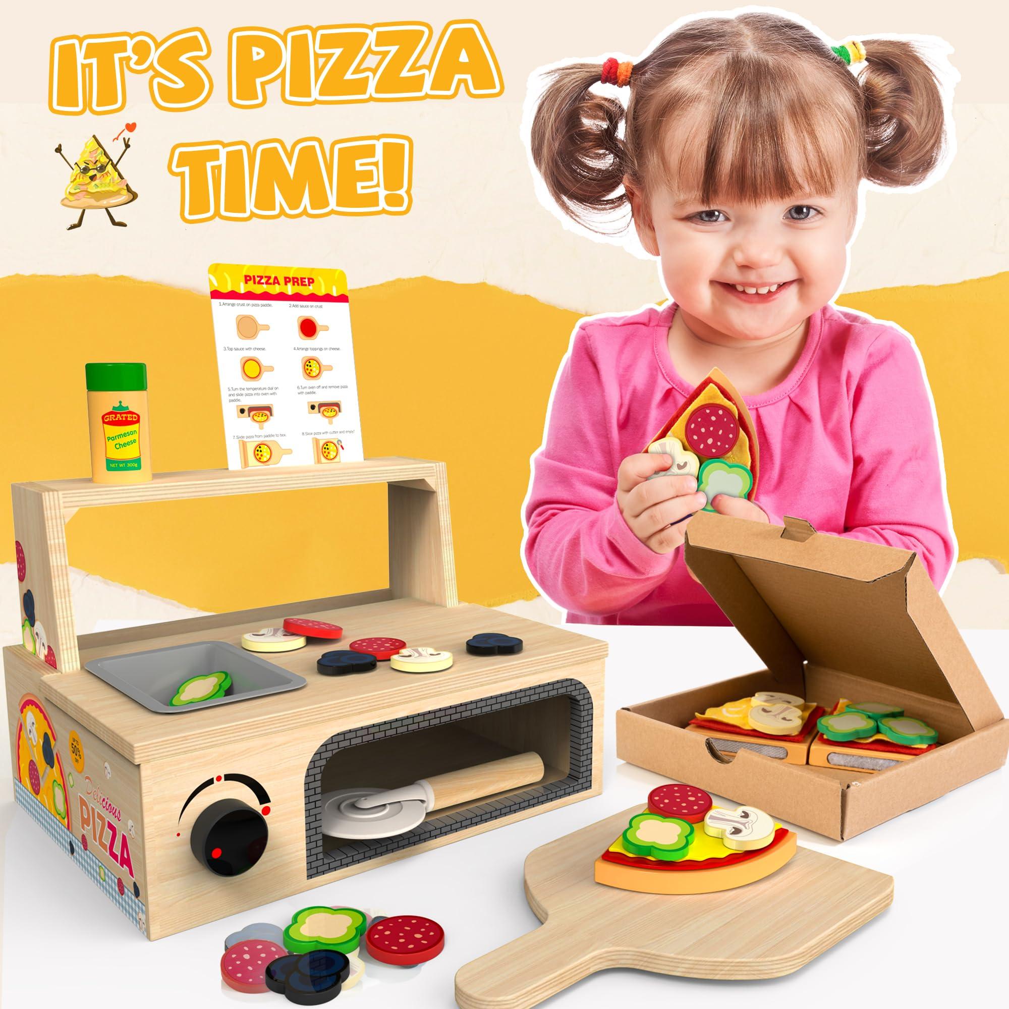 WOODMAM WOODMAM Wooden Pizza Toy - 48 PCS Montessori Pretend Play Food for Ages 3+, Educational Learning Toy Wooden Playset with Bake Oven, Christmas Birthday Gift for 3 4 5 6 Year Old
