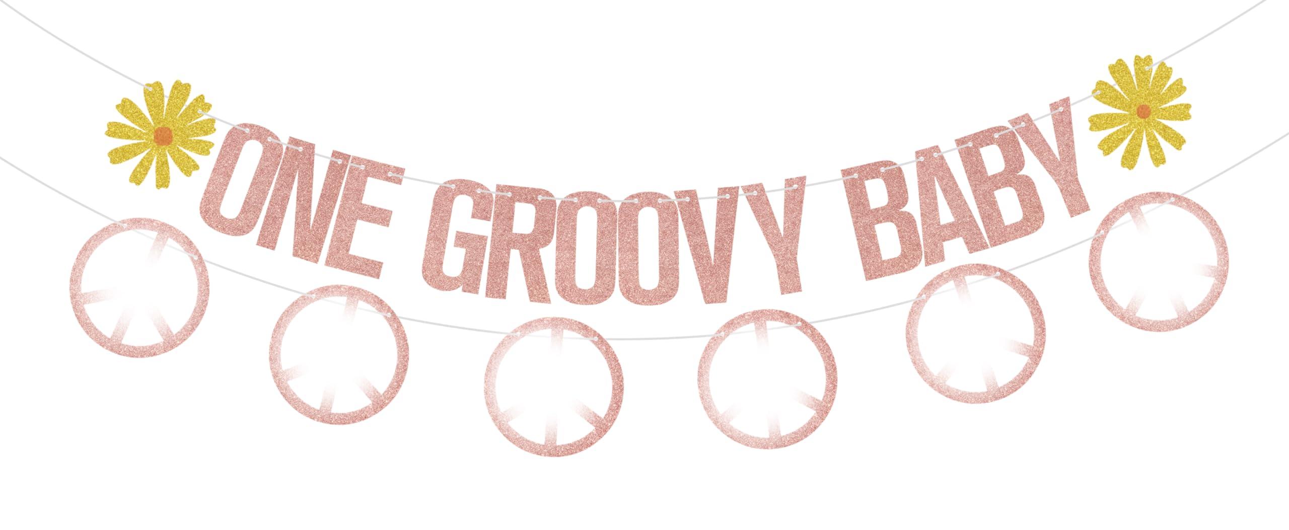 Gtoirpecx One Groovy Baby Banner,Groovy 1st Birthday Decorations,Groovy One Banner For Hippie Party Decorations,One Groovy Baby Birthday Decorations Girl/Boy Rose Gold Glitter
