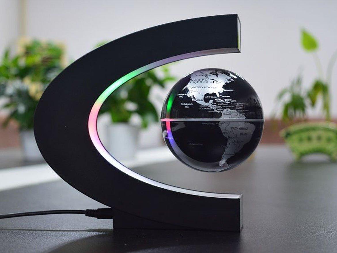 Senders Senders Floating Globe with LED Lights C Shape Magnetic Levitation Floating Globe World Map for Desk Decoration (Black-Silver)