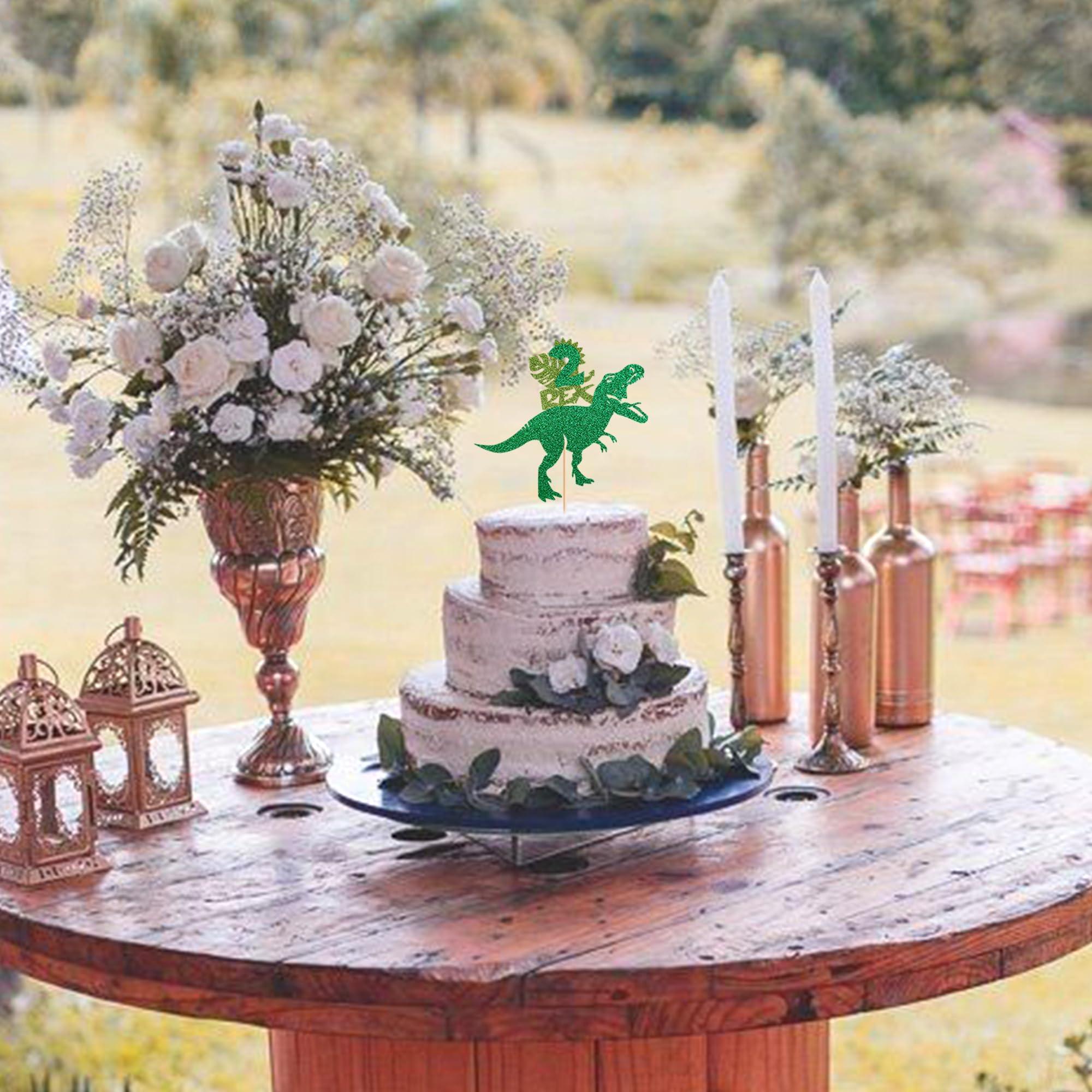 Rsstarxi Rsstarxi 1 Pack Dinosaur Two Rex Birthday Cake Topper Glitter Dinosaur T-Rex 2nd Birthday Cake Pick Two Year Olds Dinosaur Theme Cake Decoration for Baby Shower Second Birthday Party Decor Green