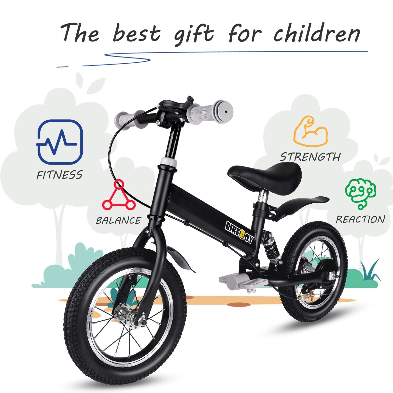 BIKEBOY bikeboy Balance Bike 14 Inches, Dual Use Kids Bike for 2-6 Years Old, Shock Absorbers, Fenders, Pedals, Auxiliary Wheels, Black
