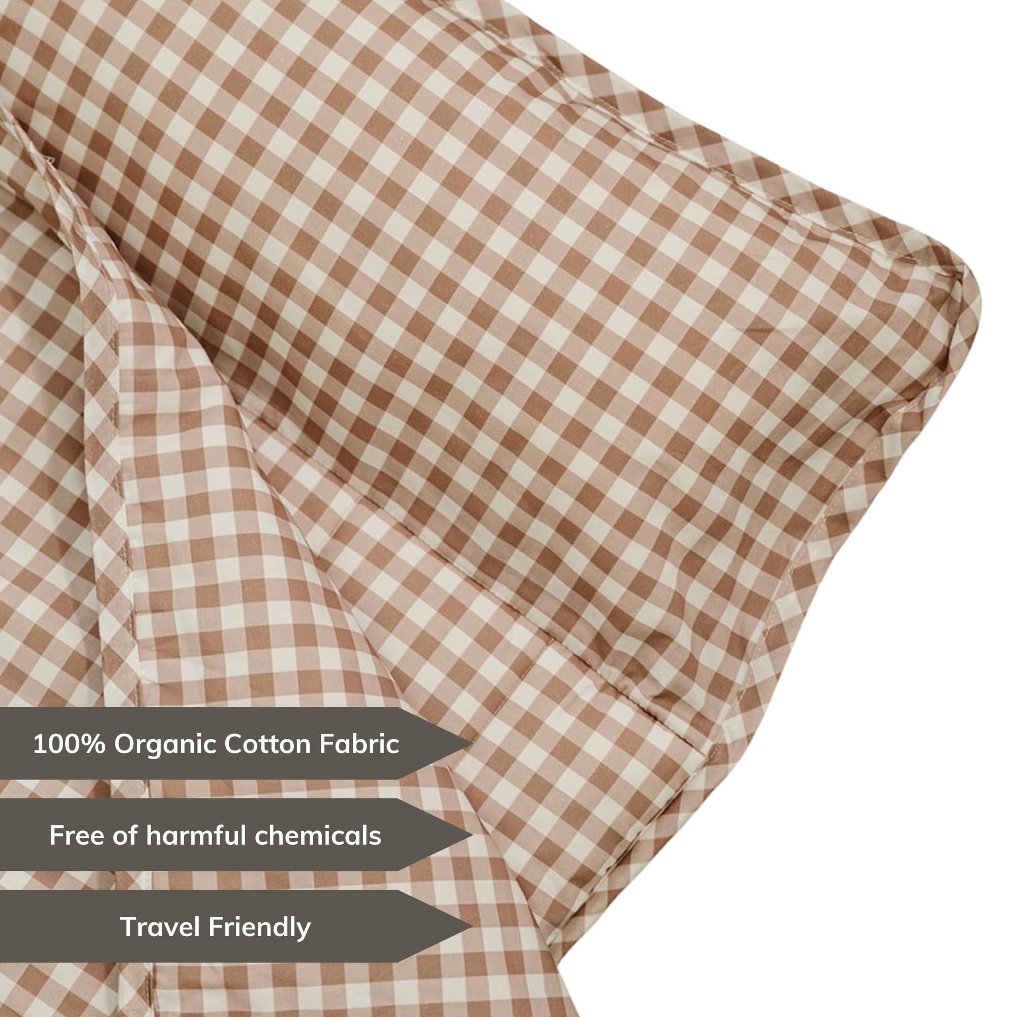 bloomere Organic Toddler Nap Mat - 100% Cotton Fabric Sleeping Mat - Sleeping Bag for Kids - Removable Pillow and Blanket 1.5 Thick Pad - Ideal for Home, Daycare, Preschool & Sleepovers. (Brown Gingham)