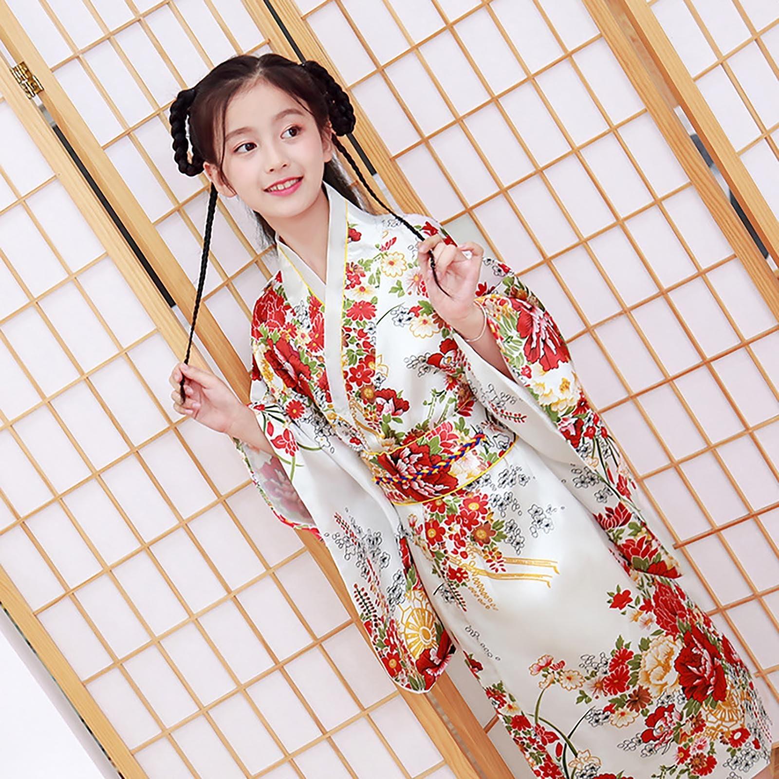 KAGAYD Japanese Traditional Robe Girls Halloween Costum Kids Kimono Outfits Loose Fit Dresses for Girls (White, 9-10 Years)