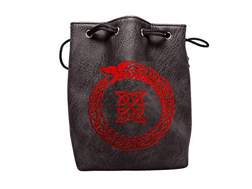 Easy Roller Dice Co. Large Black Leather Lite Dice Bag – Self Standing and Holds Over 400 Polyhedral Dice with Drawstring Tie – Multiple Designs Available (Ouroboros)