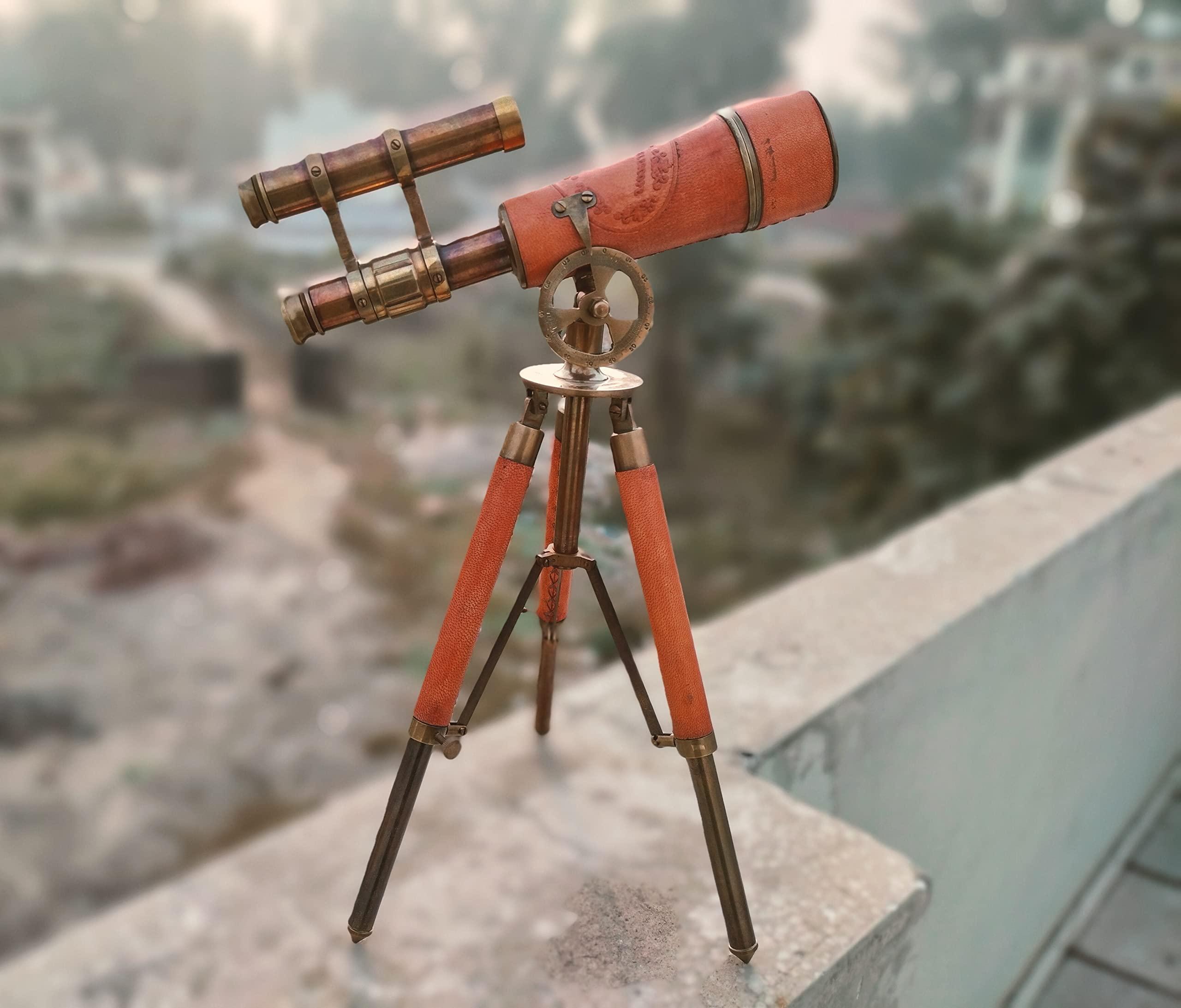 collectiblesBuy Double Barrel Table Dcor Antique Brass Telescope with Tripod Vintage Marine Functional Instrument Collectibles Item Leather Home Decor