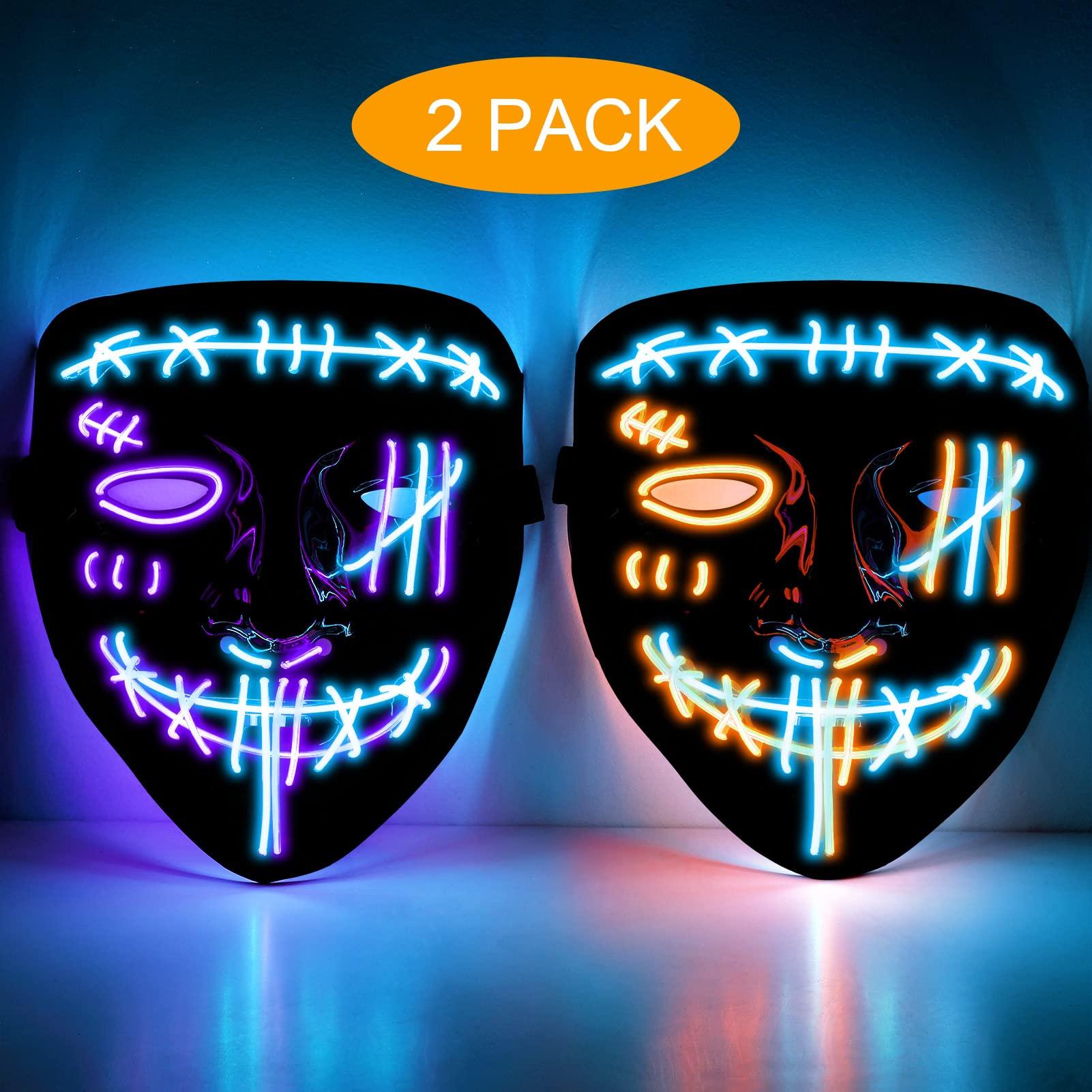 Tackview 2PACK Halloween Led Mask Light Up Scary Mask Purge Mask with 3 Lighting Modes for Halloween Cosplay Costume