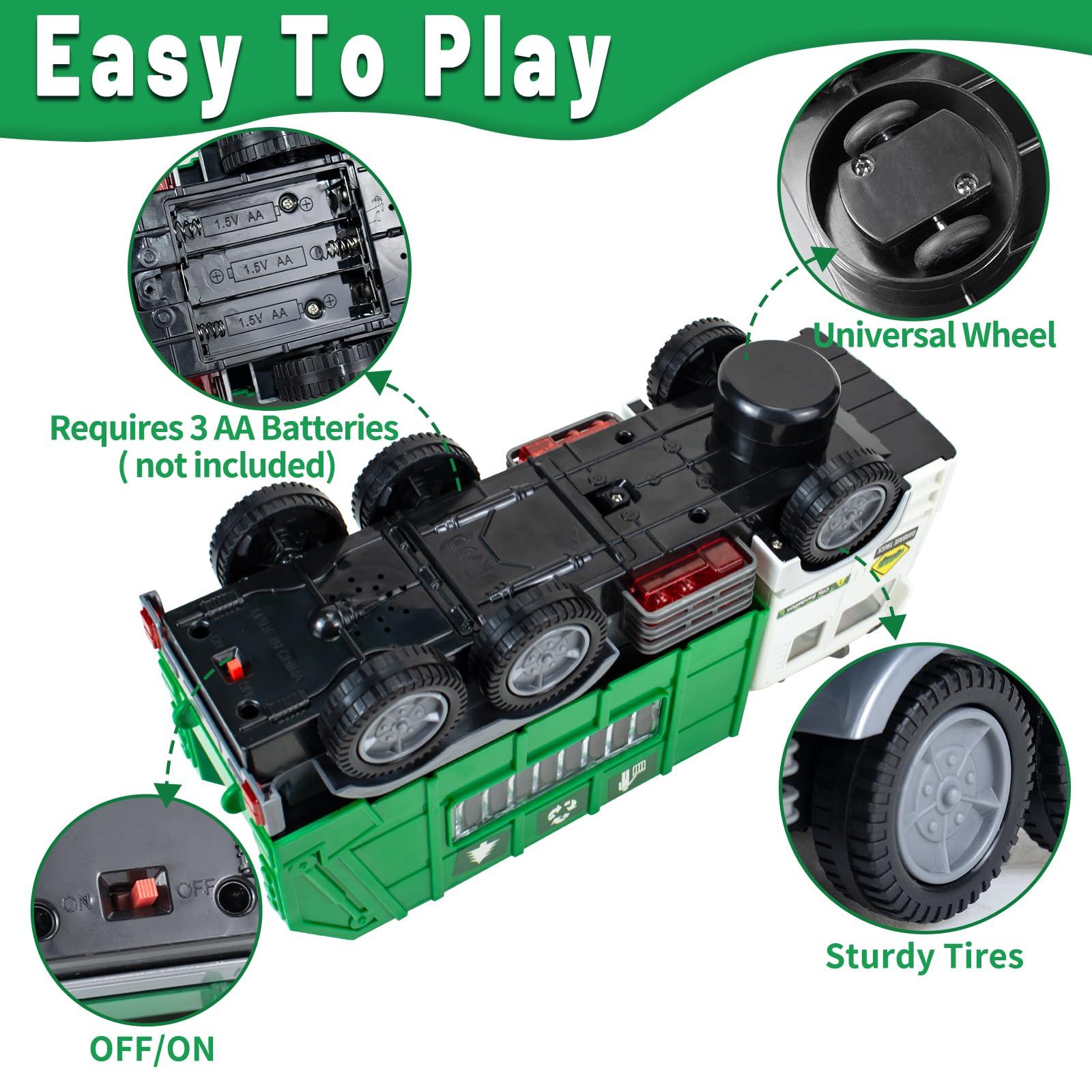 Ynanimery Toy Garbage Truck & Fire Truck & Construction Excavator Toys & Container Truck Toy Cars for Toddlers Boys 1-3 4-7 Birthday Gifts, Truck Car Toys with 4D Lights & Music- Automatic Bump Go Garbage Truck