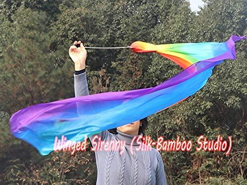Winged Sirenny Winged Sirenny Single Piece 70" Play Silk Scarf with Poi Ball, Colorful Silk Flag Ribbon Streamer, Belly Dance Practice VOI (Rainbow longside)