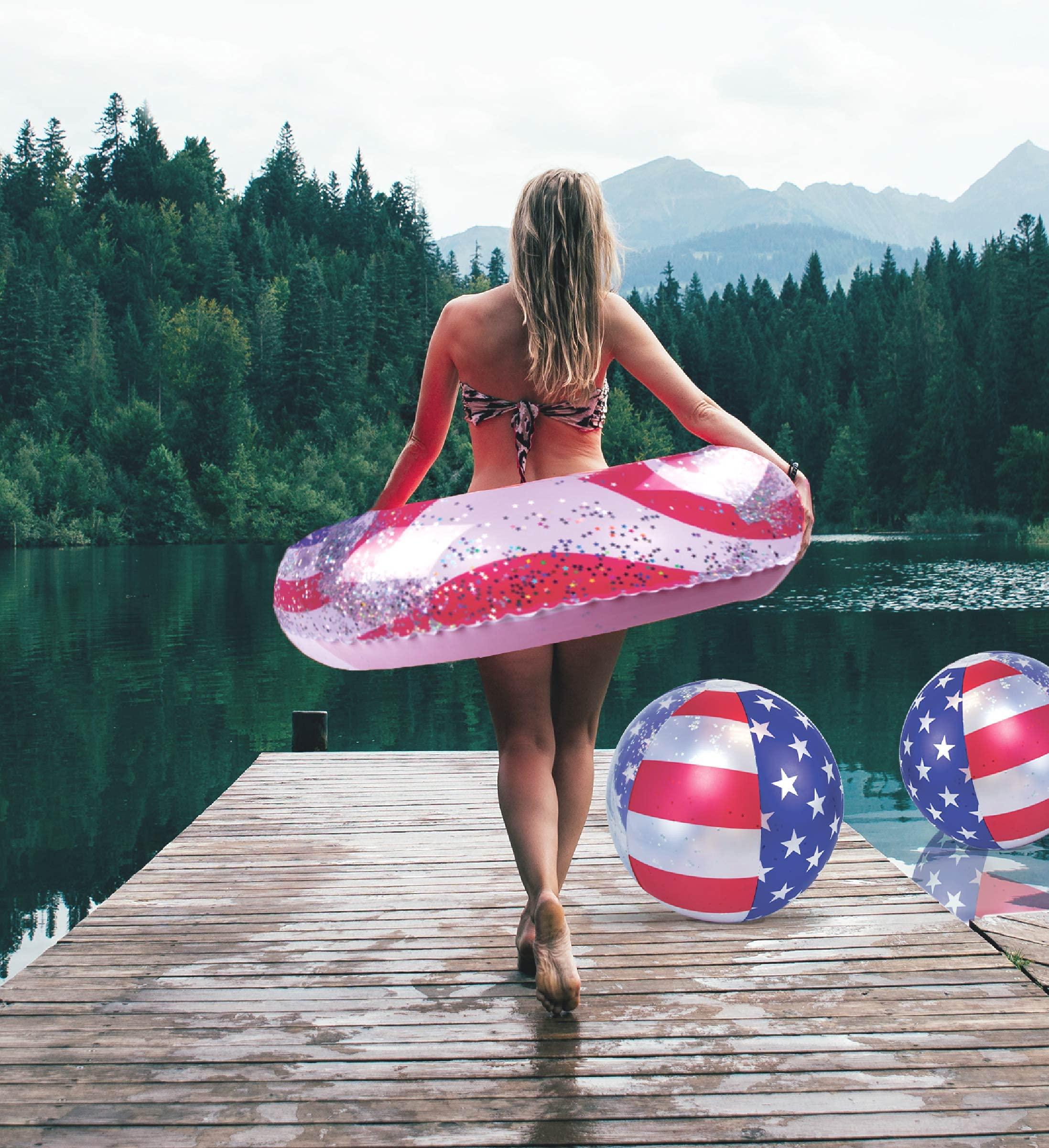 POZA POZA Inflatable USA Pool Float Tube and Beach Balls - Luxurious American Flag Design with Sparkly Silver Stars Confetti Pool Float and Inflatable Beach Balls, Water Inflatables for Pool, Beach, Lake