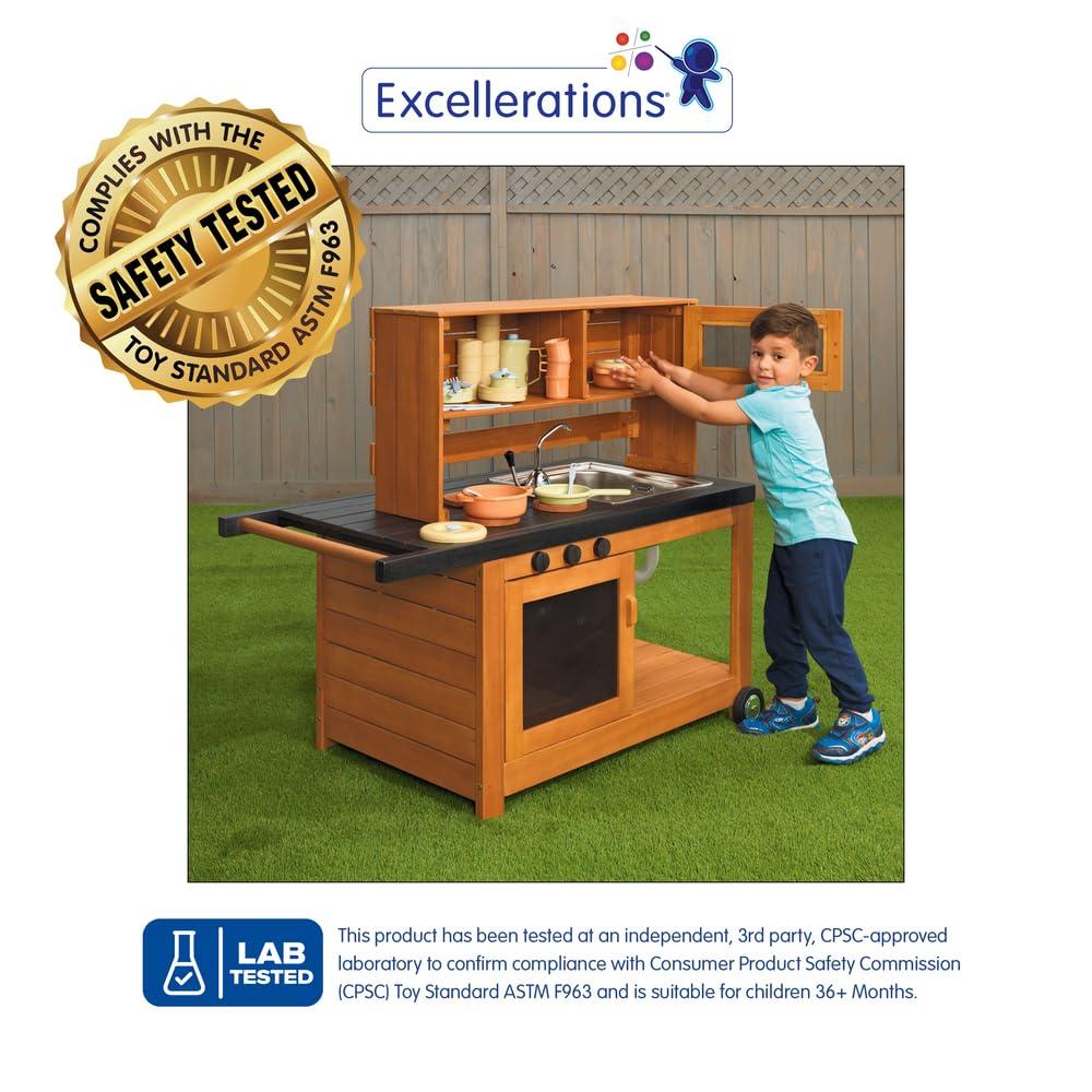Excellerations Excellerations Indoor-Outdoor Moveable Play Kitchen with Hutch, Sink, and Working Pump Faucet for Preschoolers, Outdoor Learning, Dramatic Play, Cooking Pretend Play