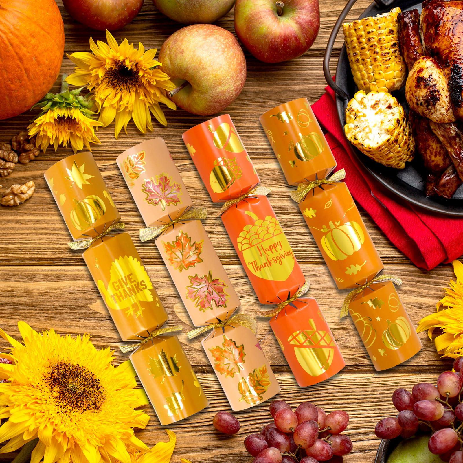 ceiba tree 8 PC Thanksgiving Crackers Poppers Party Table Favors No Snap No Popping Fall Thanksgiving Games Activities for Family Kids with Party Hats Joke Gifts Toys Holiday Traditions Prizes Gold Foil